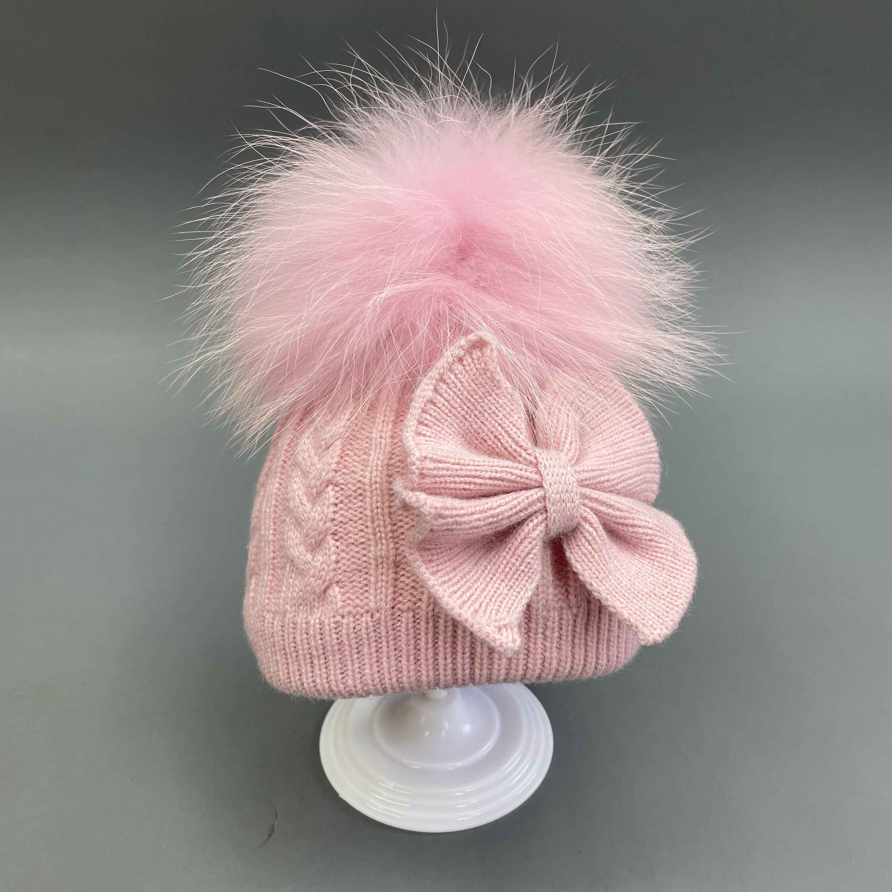 Little Girls’ Lovely Exquisite Acrylic Knitted Hat With Bow Decoration #1 Pink Child