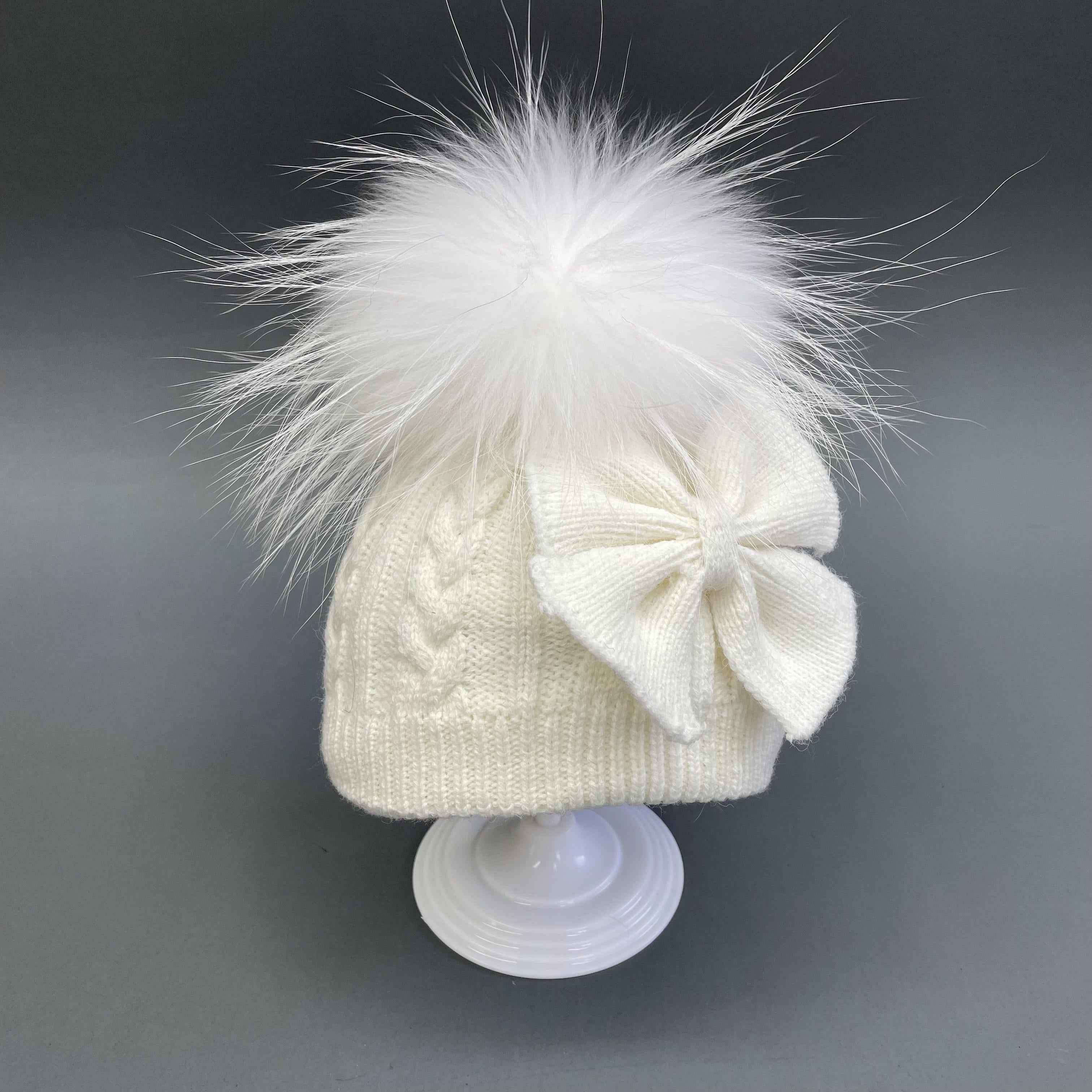 Little Girls’ Lovely Exquisite Acrylic Knitted Hat With Bow Decoration #3 White Child