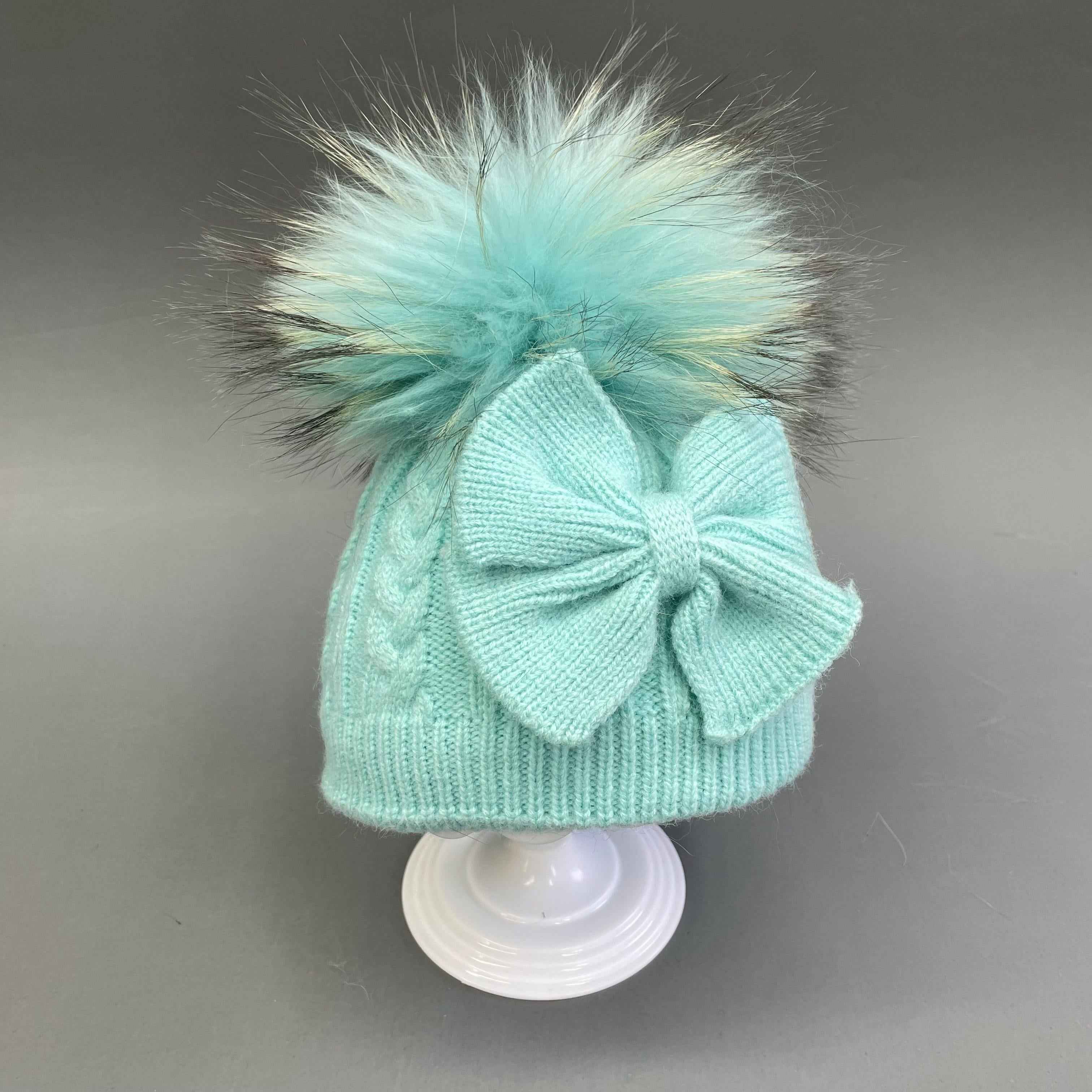 Little Girls’ Lovely Exquisite Acrylic Knitted Hat With Bow Decoration #4 Turquoise Child