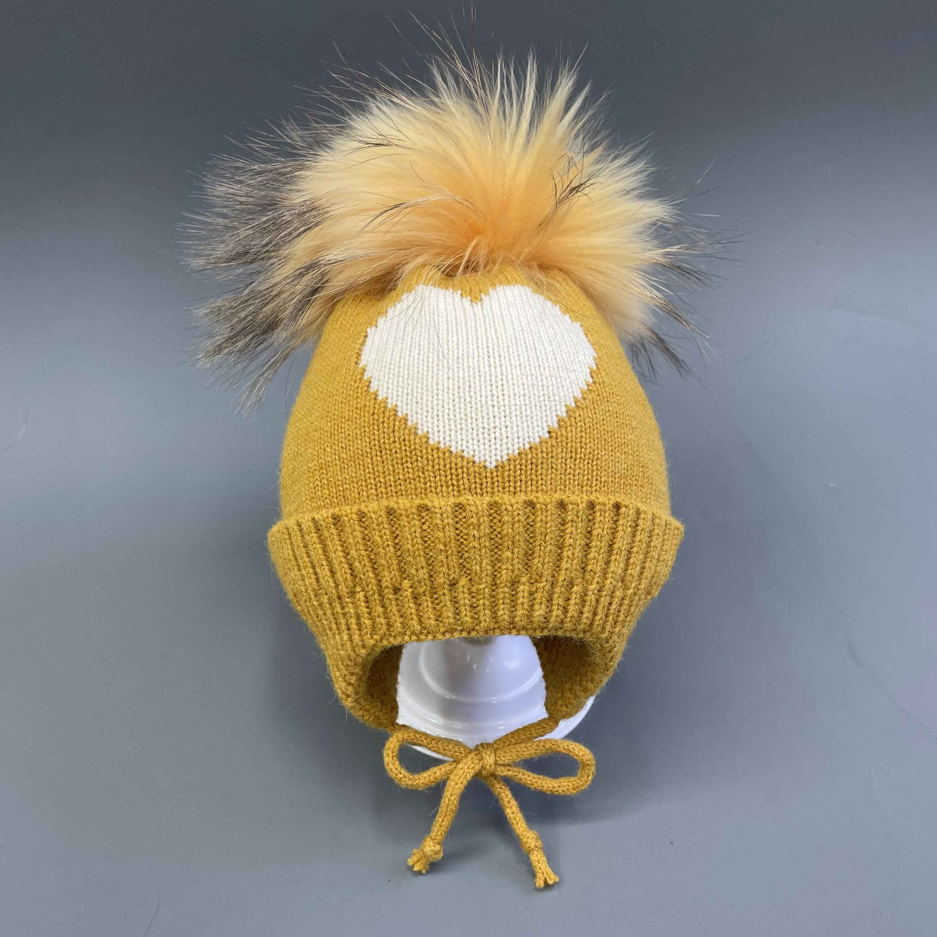 Children's Lace Up Acrylic Beanie Hat With A Heart-Shaped Decoration #1 Pumpkin Yellow Child