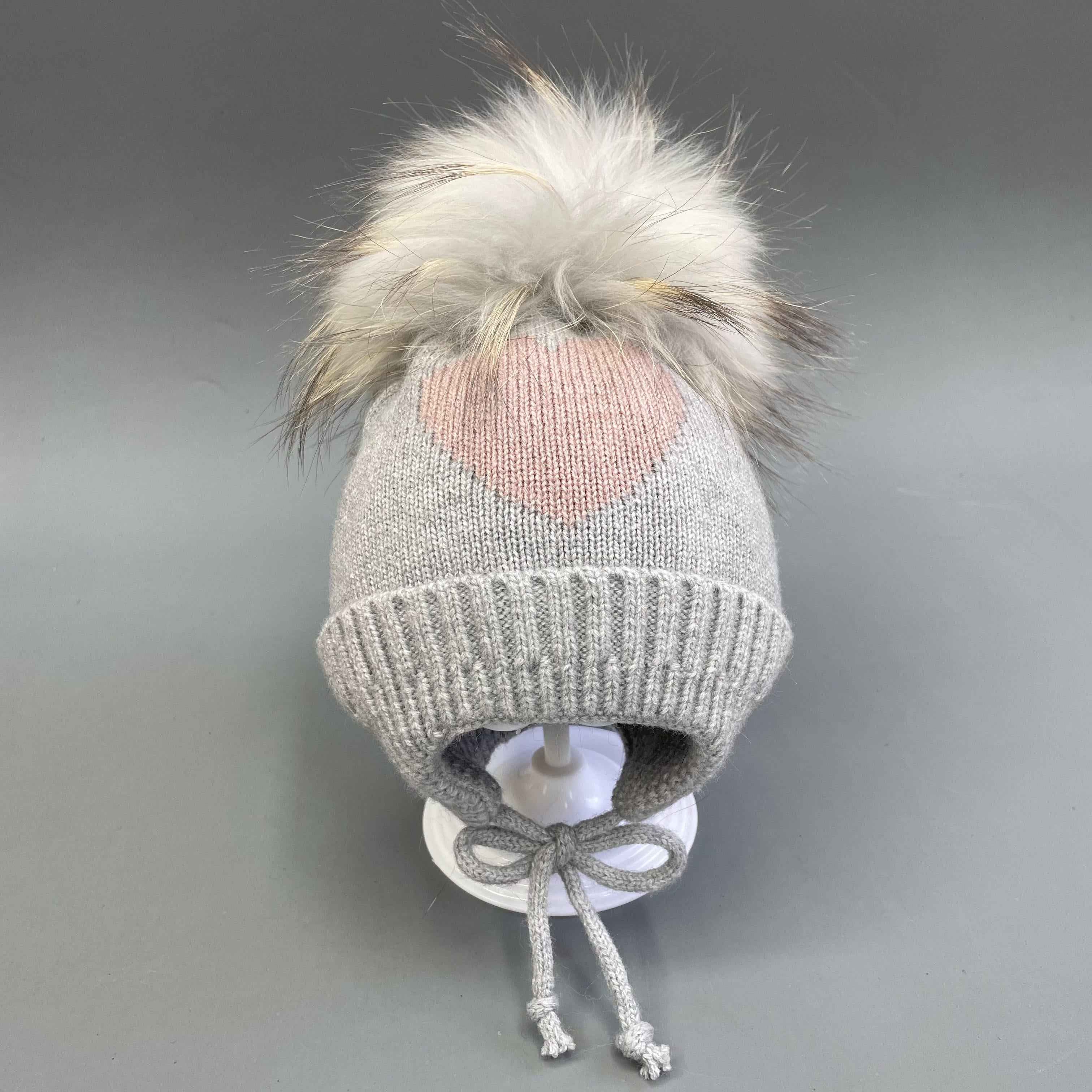 Children's Lace Up Acrylic Beanie Hat With A Heart-Shaped Decoration #2 Light Gray Child