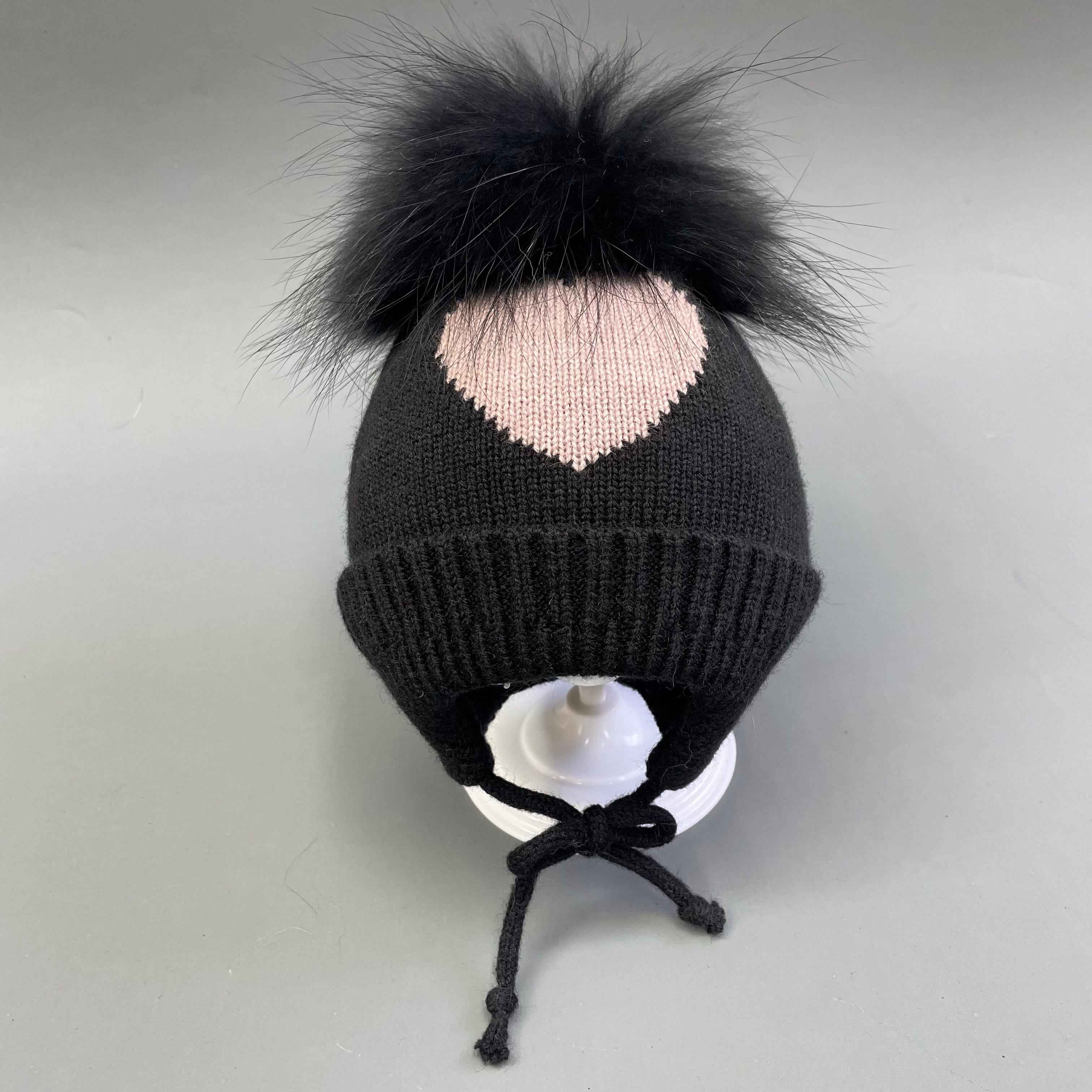 Children's Lace Up Acrylic Beanie Hat With A Heart-Shaped Decoration #3 Black Child