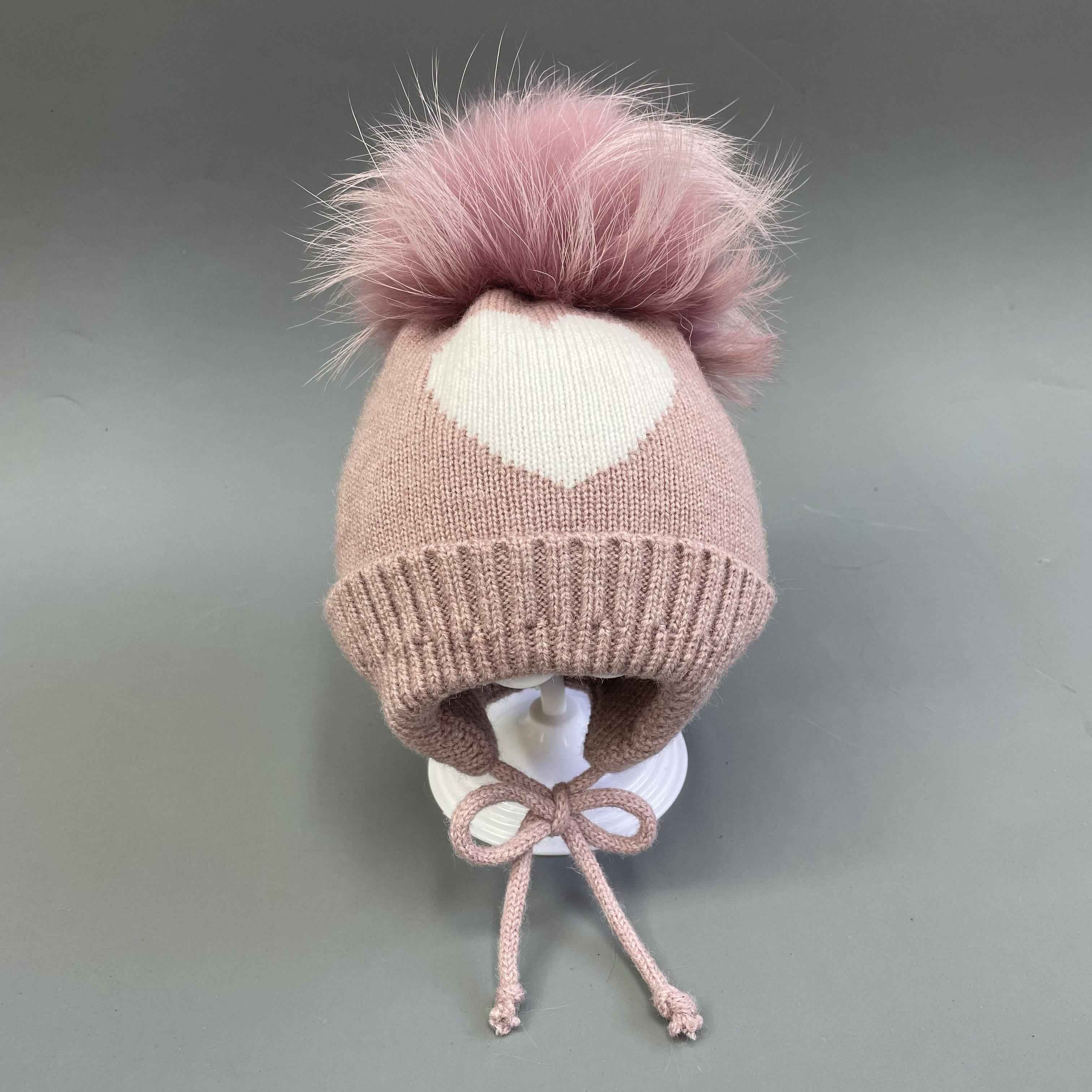 Children's Lace Up Acrylic Beanie Hat With A Heart-Shaped Decoration #4 Dusty Pink Child