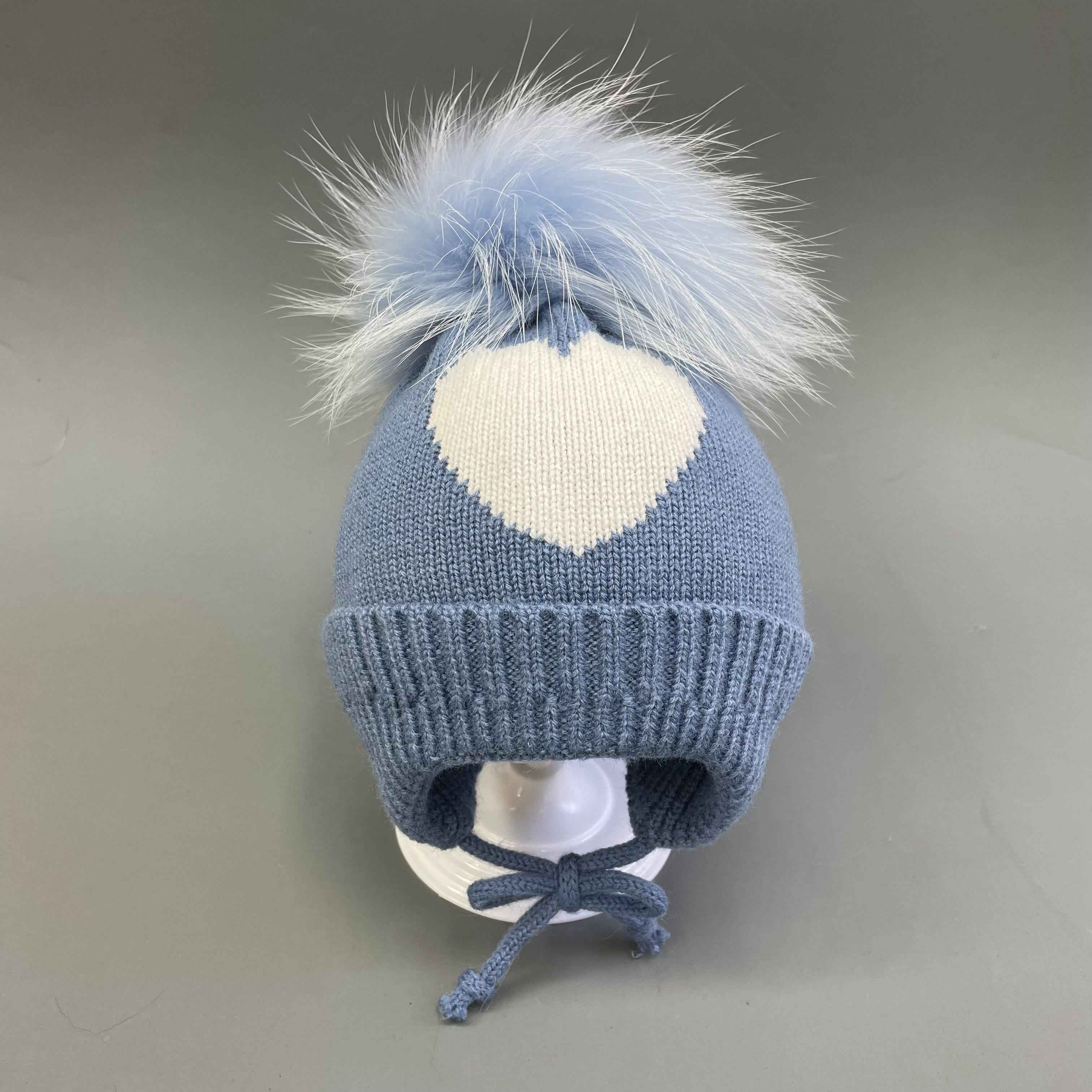 Children's Lace Up Acrylic Beanie Hat With A Heart-Shaped Decoration #6 Dark Blue Child