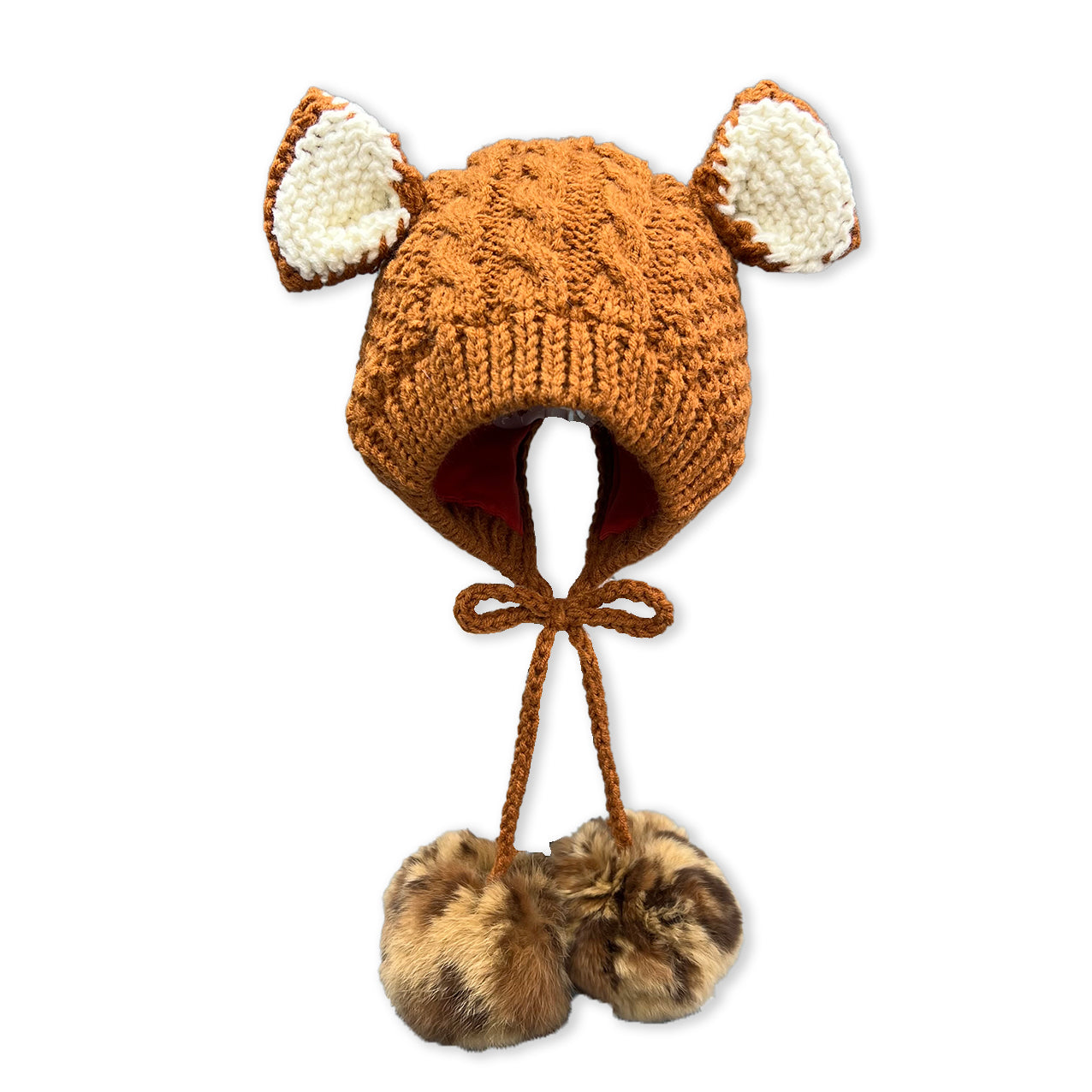 Adorable Kids' Acrylic Hat With Two Small Ears & Fur Pom Poms #3 Light Brown Child
