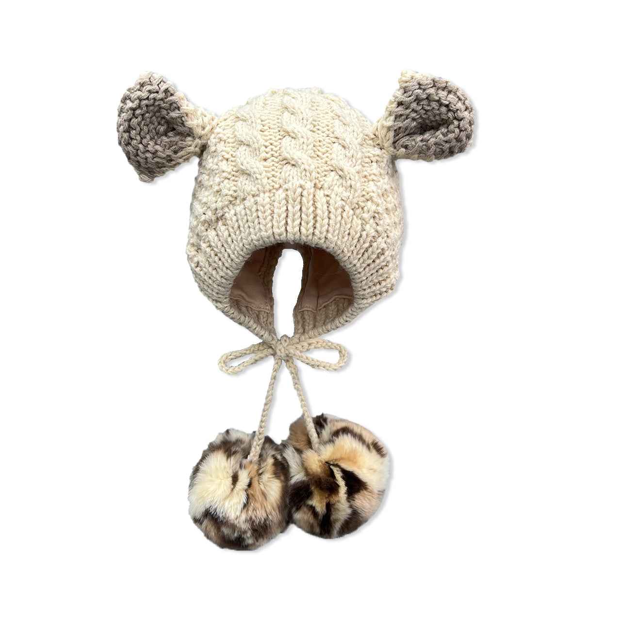 Adorable Kids' Acrylic Hat With Two Small Ears & Fur Pom Poms #4 Beige Child