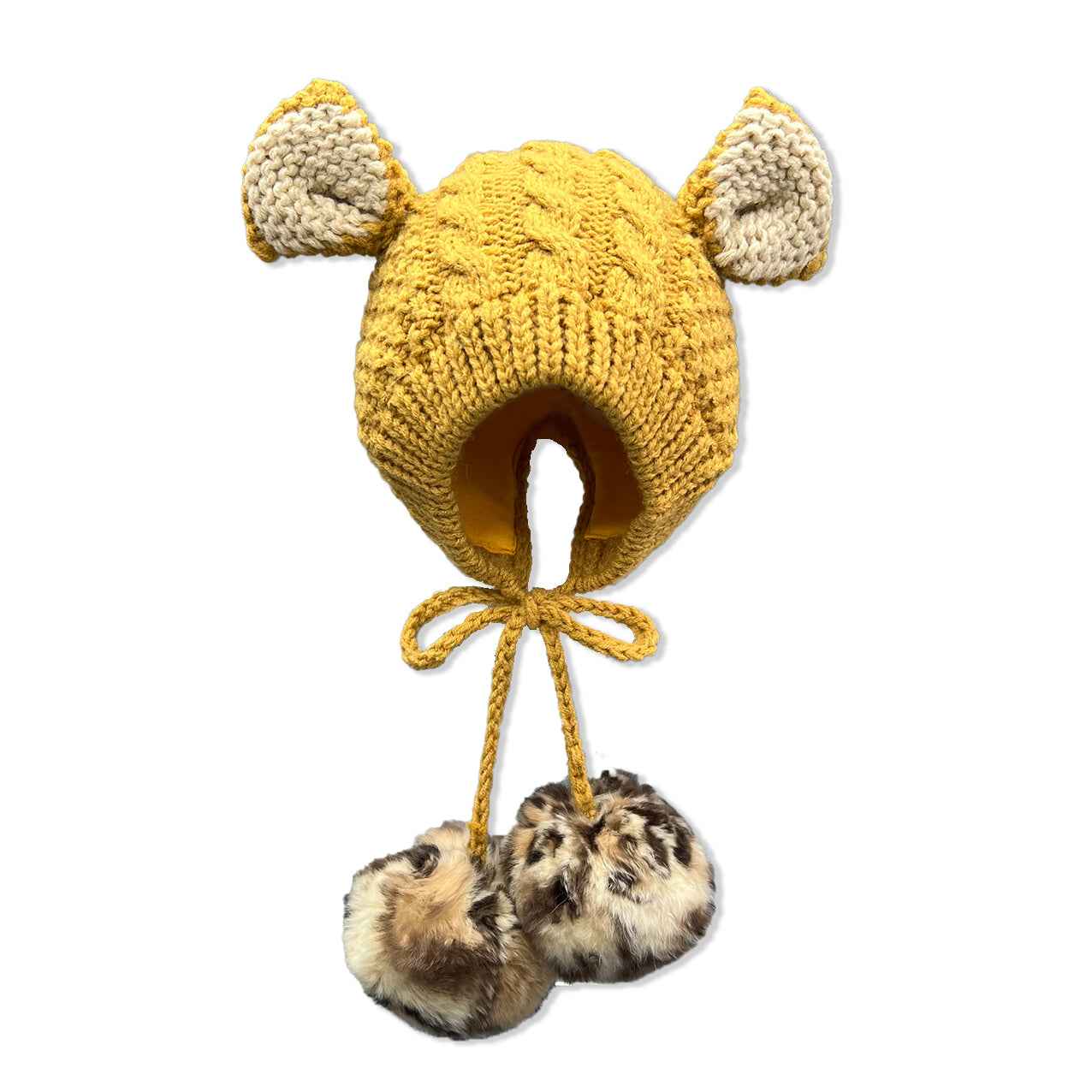 Adorable Kids' Acrylic Hat With Two Small Ears & Fur Pom Poms #5 Yellow Child