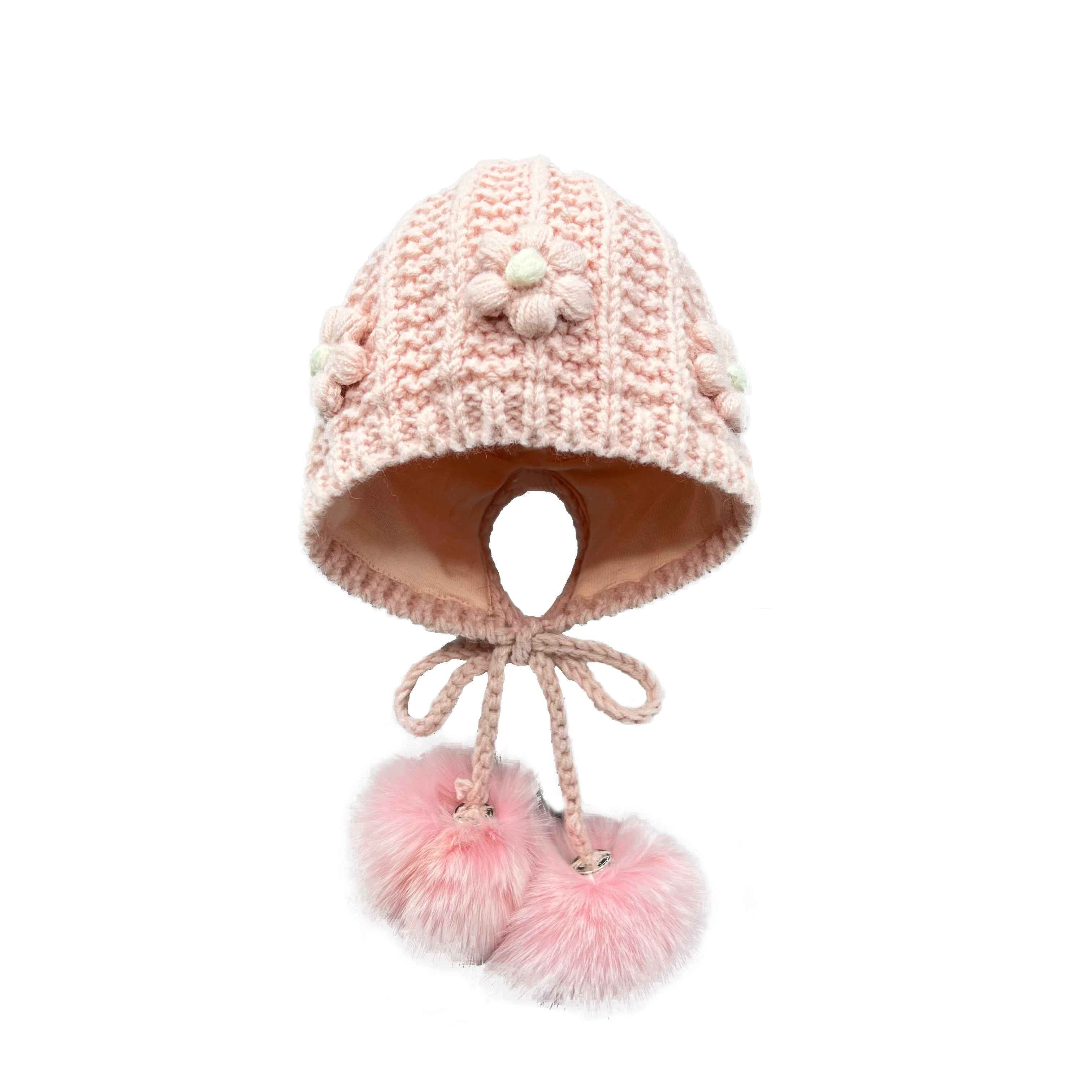 Exquisite Small Flower Decoration Babies' Acrylic Knitted Hat With Two Fur Pom Poms #1 Light Pink Child