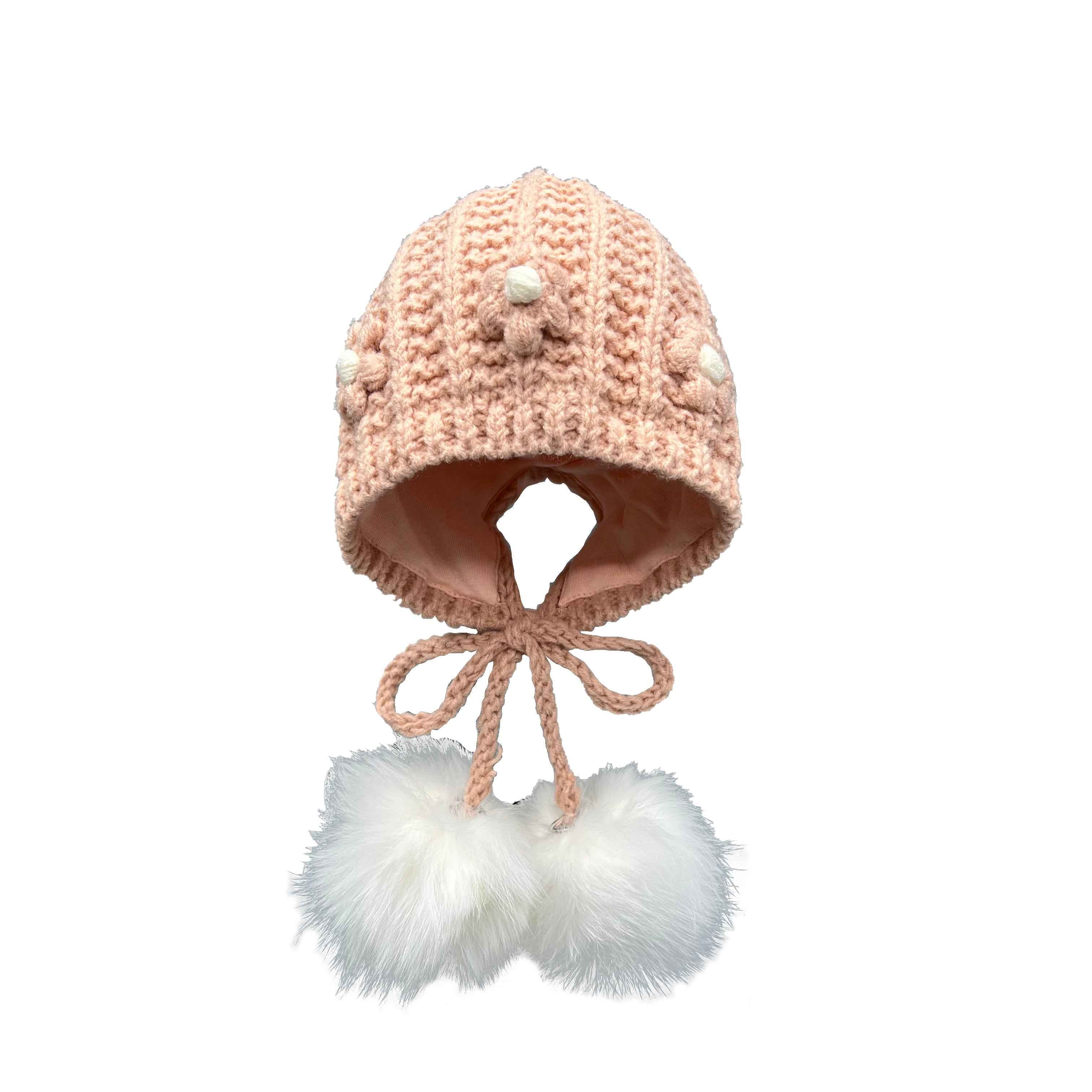Exquisite Small Flower Decoration Babies' Acrylic Knitted Hat With Two Fur Pom Poms #2 Pink Child