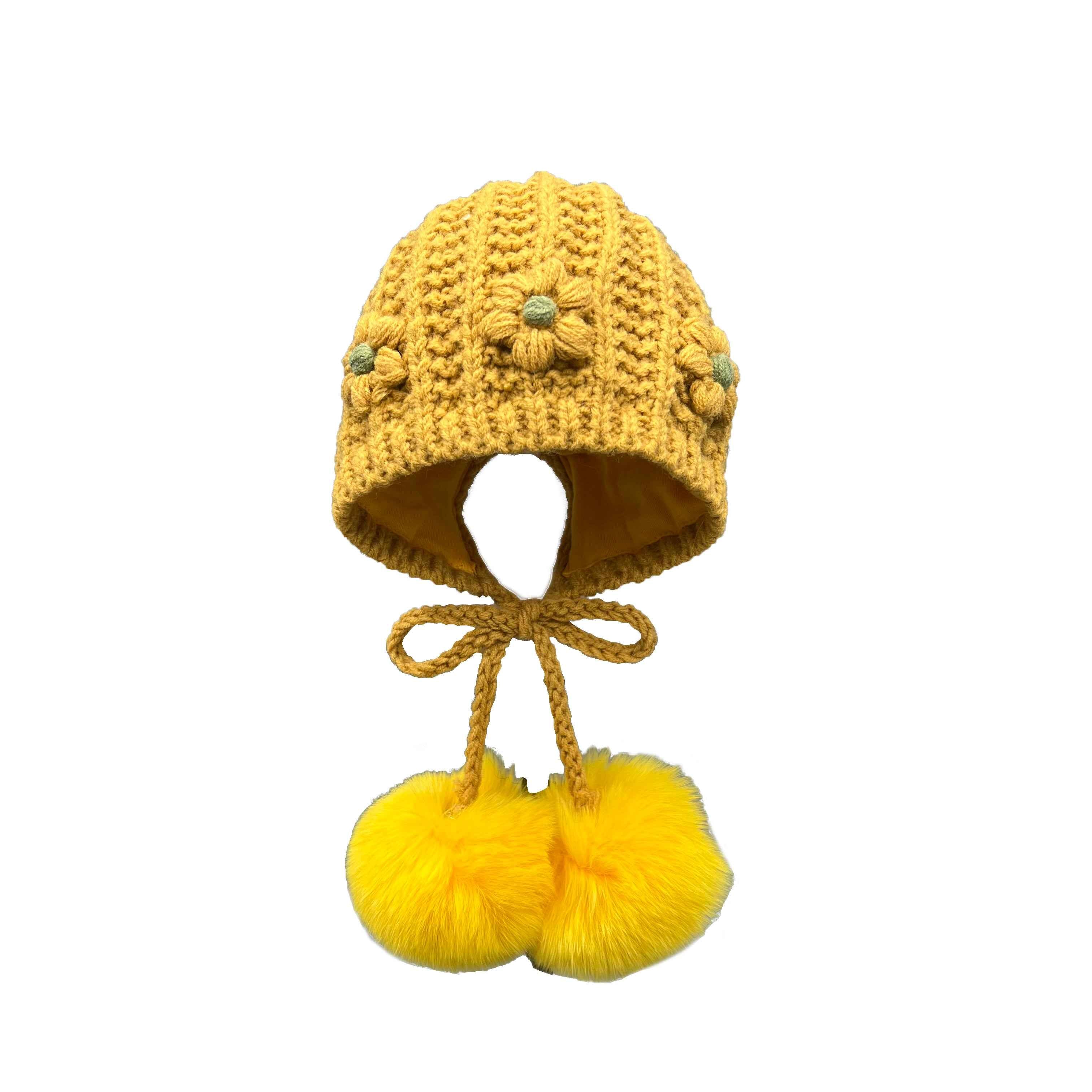 Exquisite Small Flower Decoration Babies' Acrylic Knitted Hat With Two Fur Pom Poms #3 Yellow Child