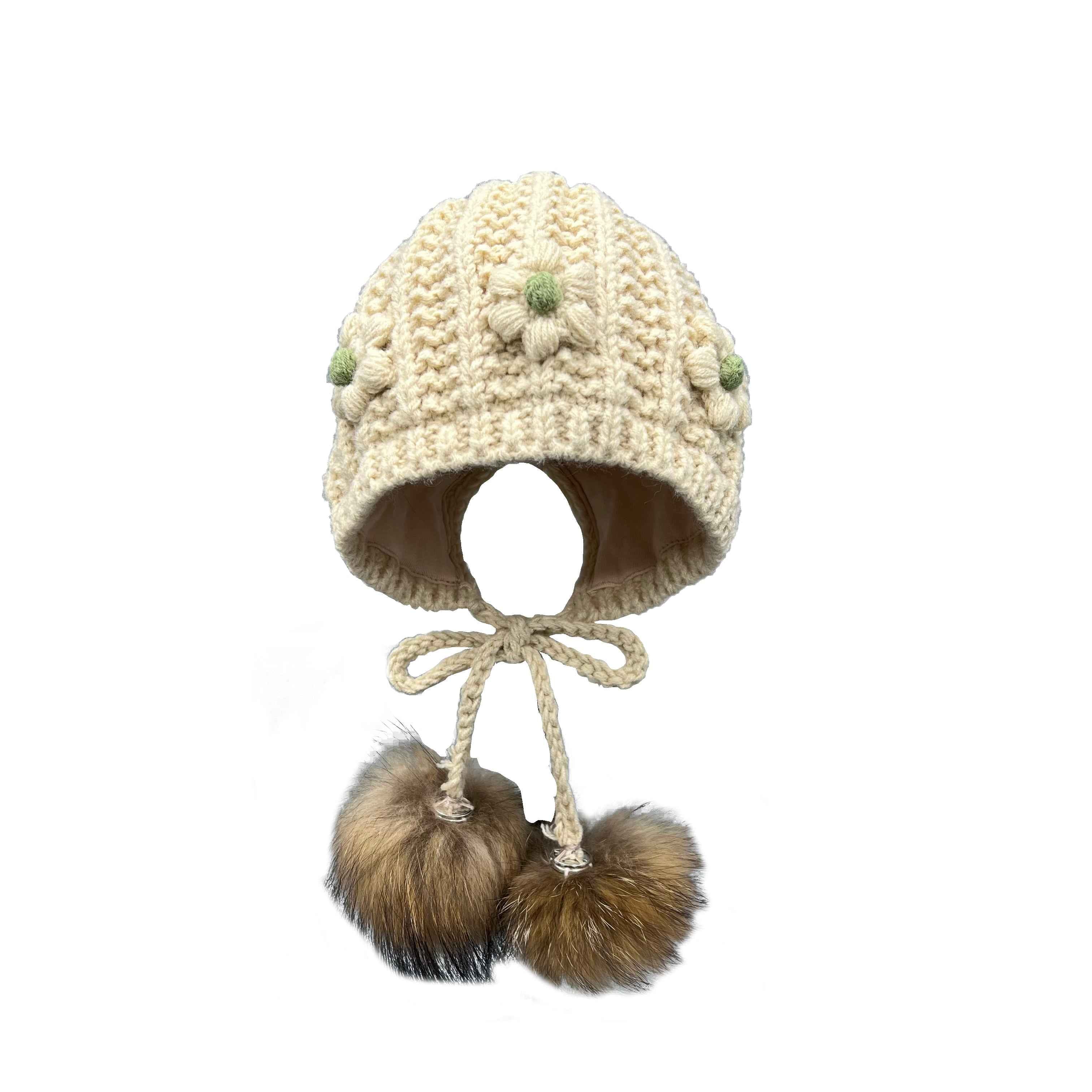 Exquisite Small Flower Decoration Babies' Acrylic Knitted Hat With Two Fur Pom Poms #4 Beige Child