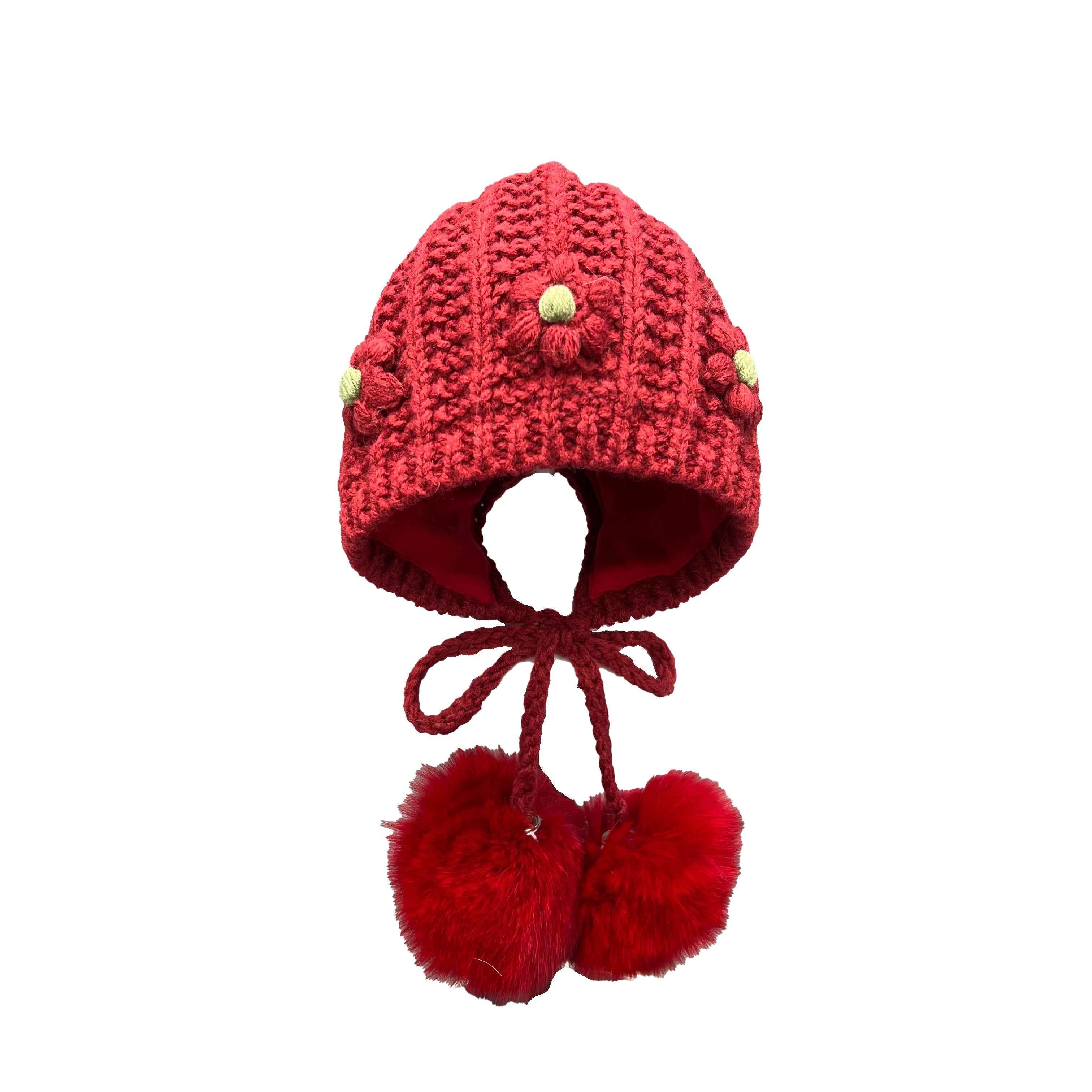 Exquisite Small Flower Decoration Babies' Acrylic Knitted Hat With Two Fur Pom Poms #5 Red Child