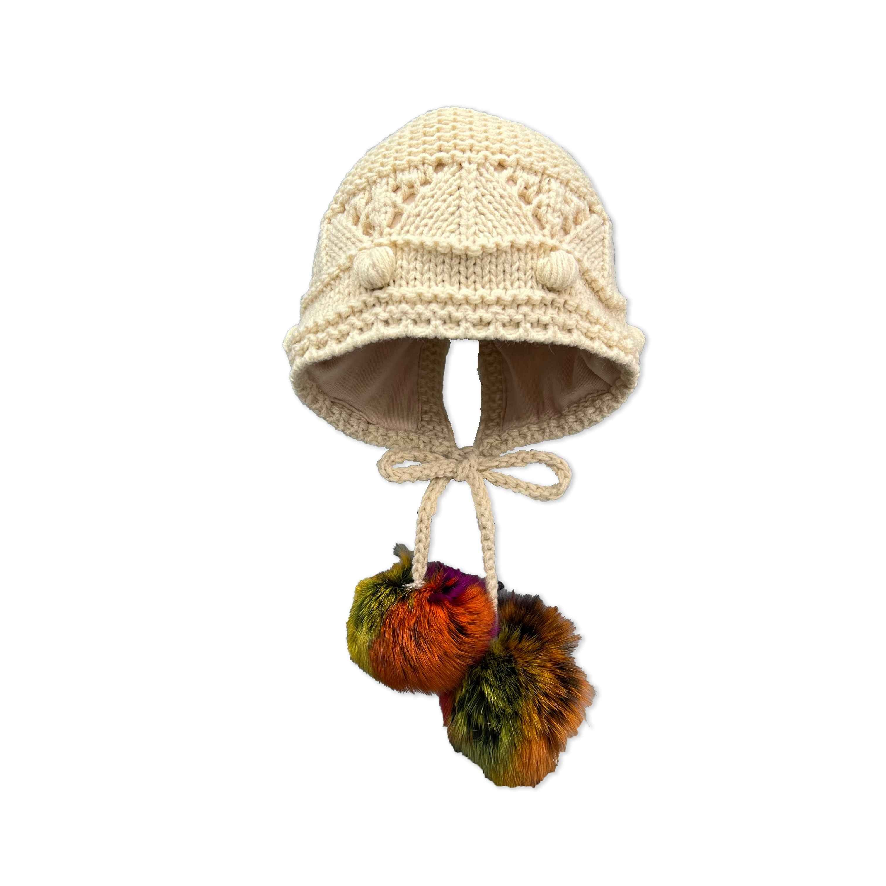 Littile Babies' Acrylic Knitted Hat With Two Colorful Fur Pom Poms #1 Beige Child