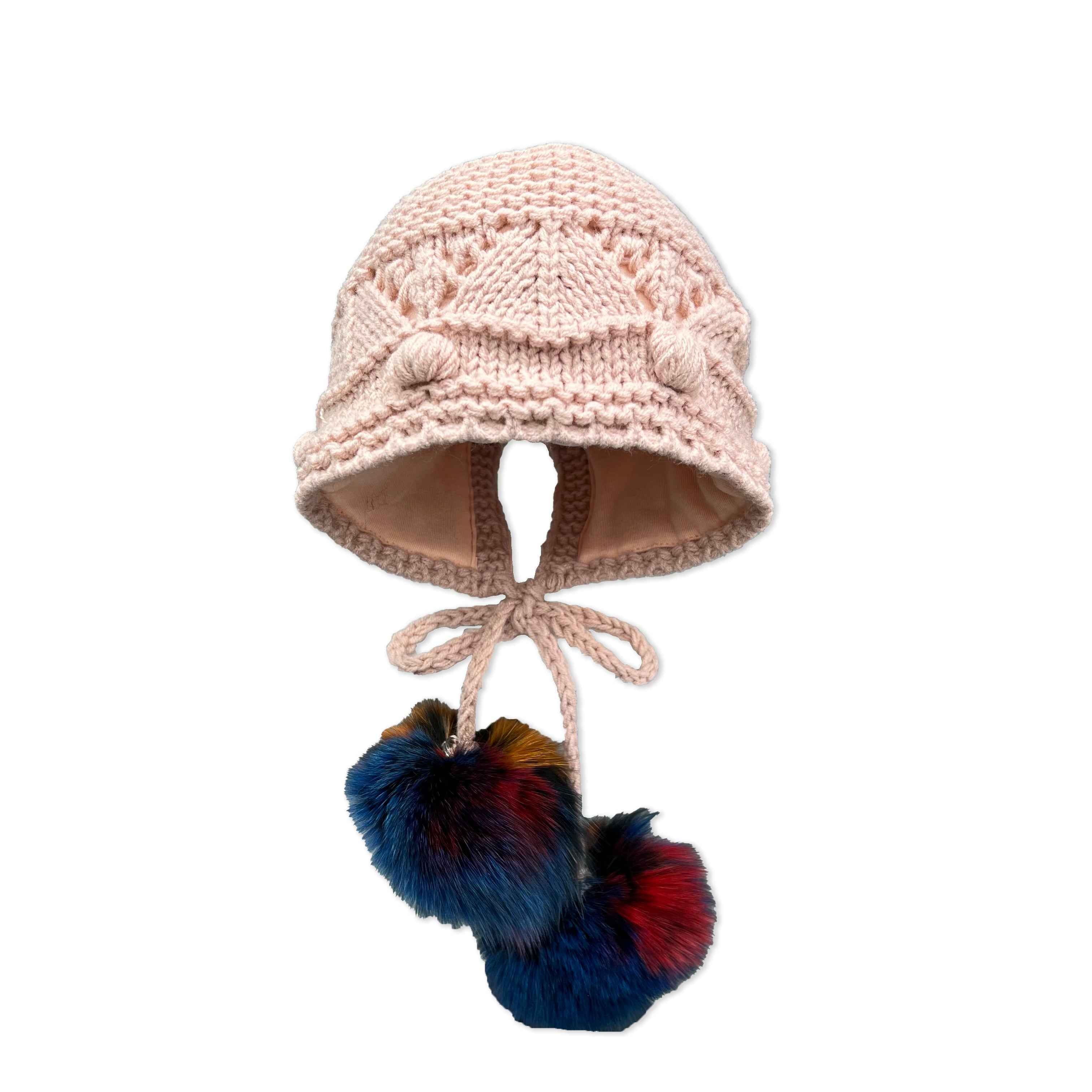 Littile Babies' Acrylic Knitted Hat With Two Colorful Fur Pom Poms #2 Light Pink Child