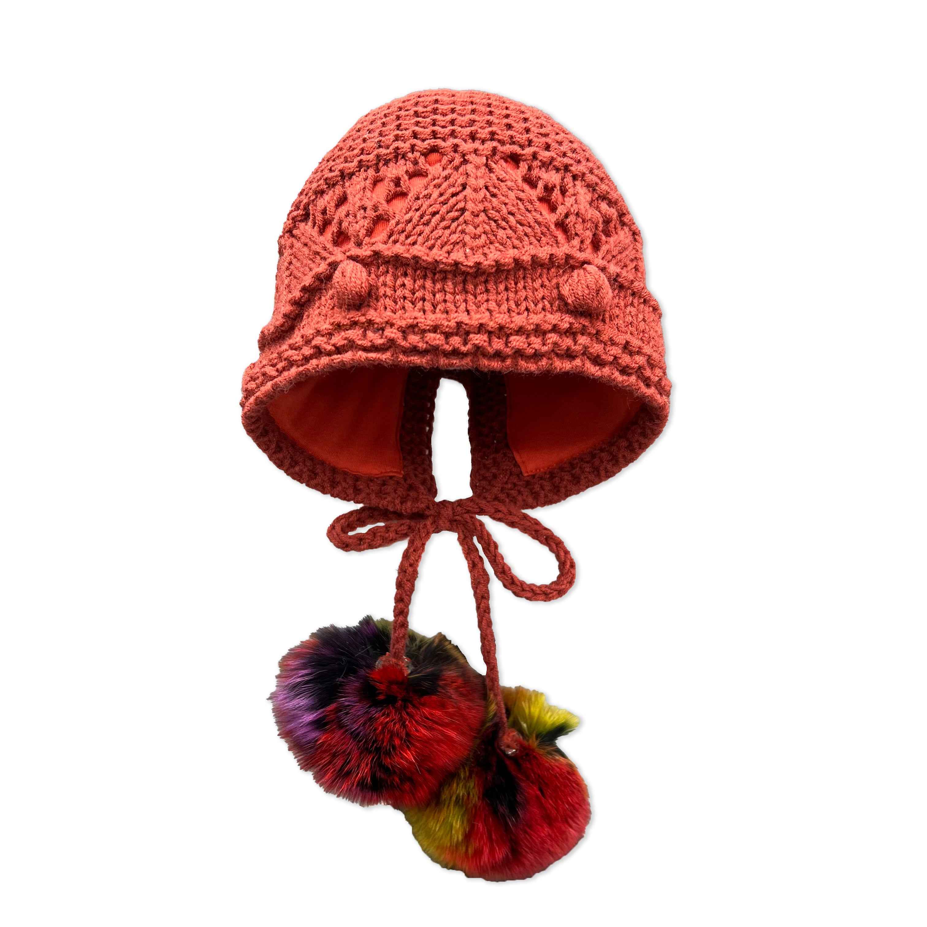 Littile Babies' Acrylic Knitted Hat With Two Colorful Fur Pom Poms #3 Red Child