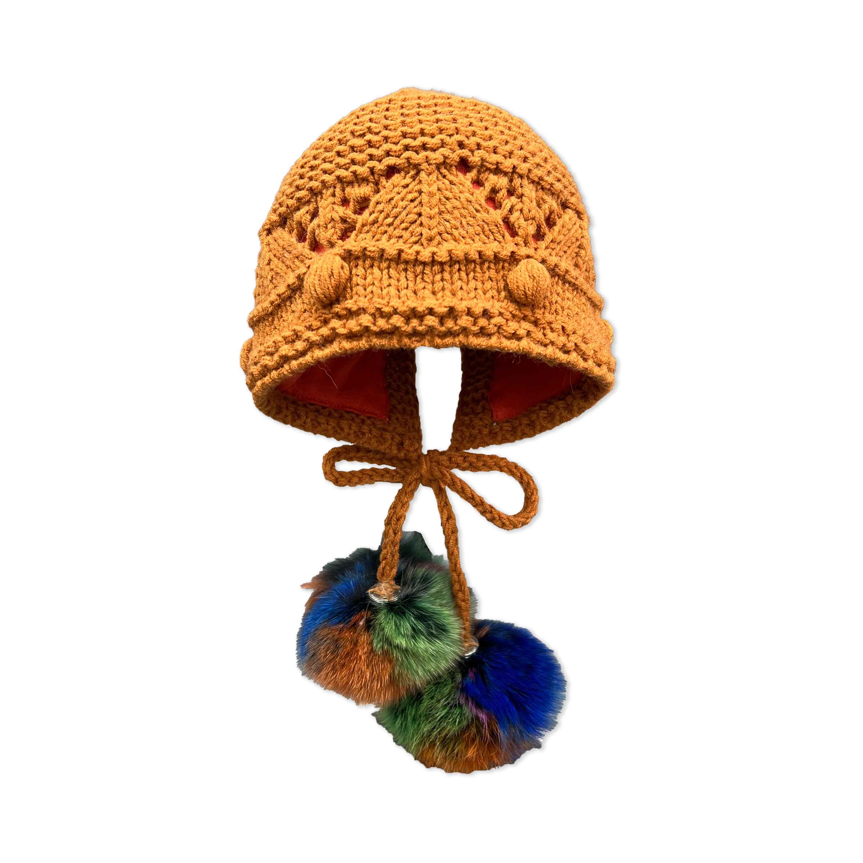 Littile Babies' Acrylic Knitted Hat With Two Colorful Fur Pom Poms #4 Orange Child
