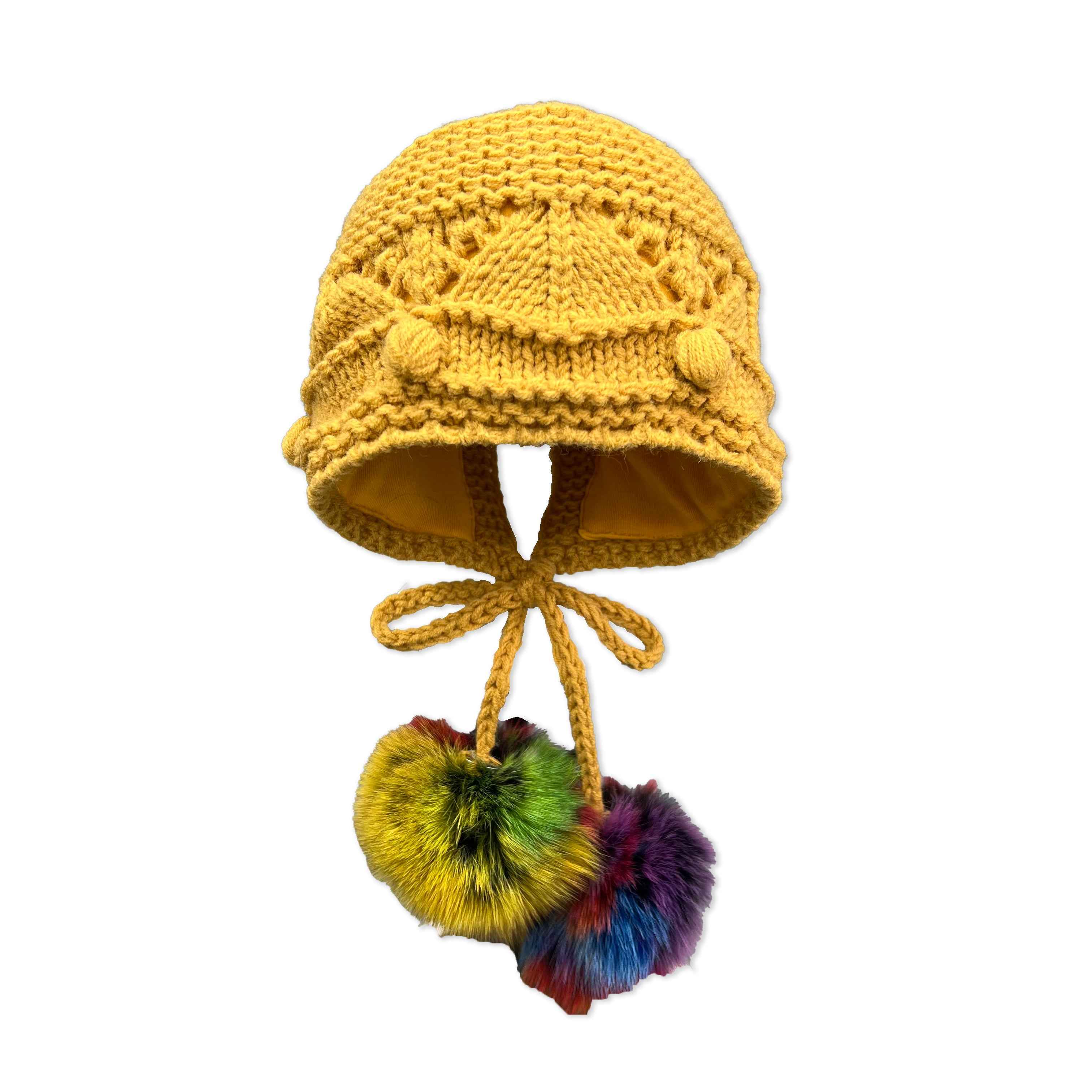Littile Babies' Acrylic Knitted Hat With Two Colorful Fur Pom Poms #5 Yellow Child