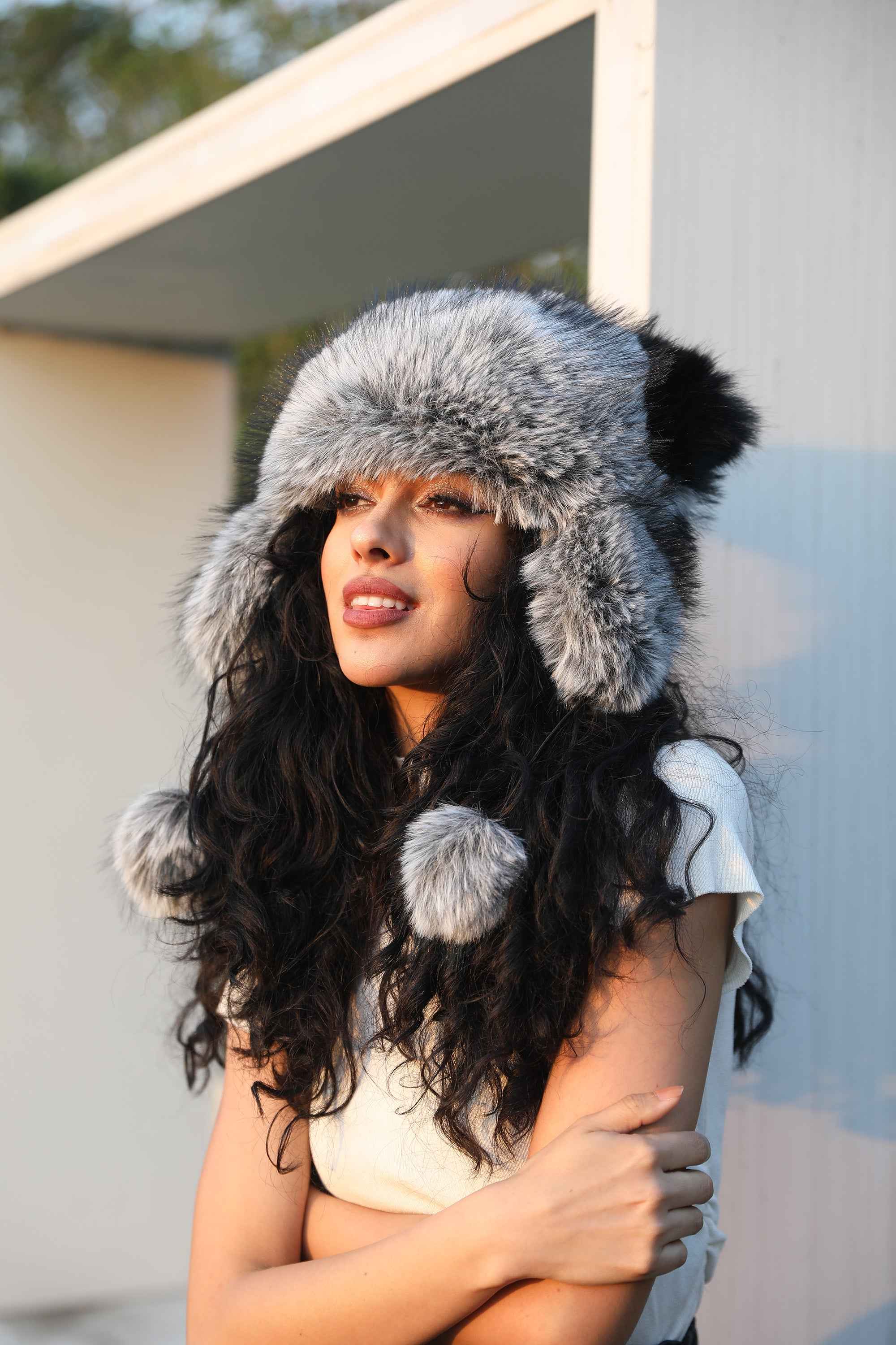 Ladies' Panda Shaped Eco-Friendly Faux Fur Hat With Two Fur Pom Poms #1 Gray Adult