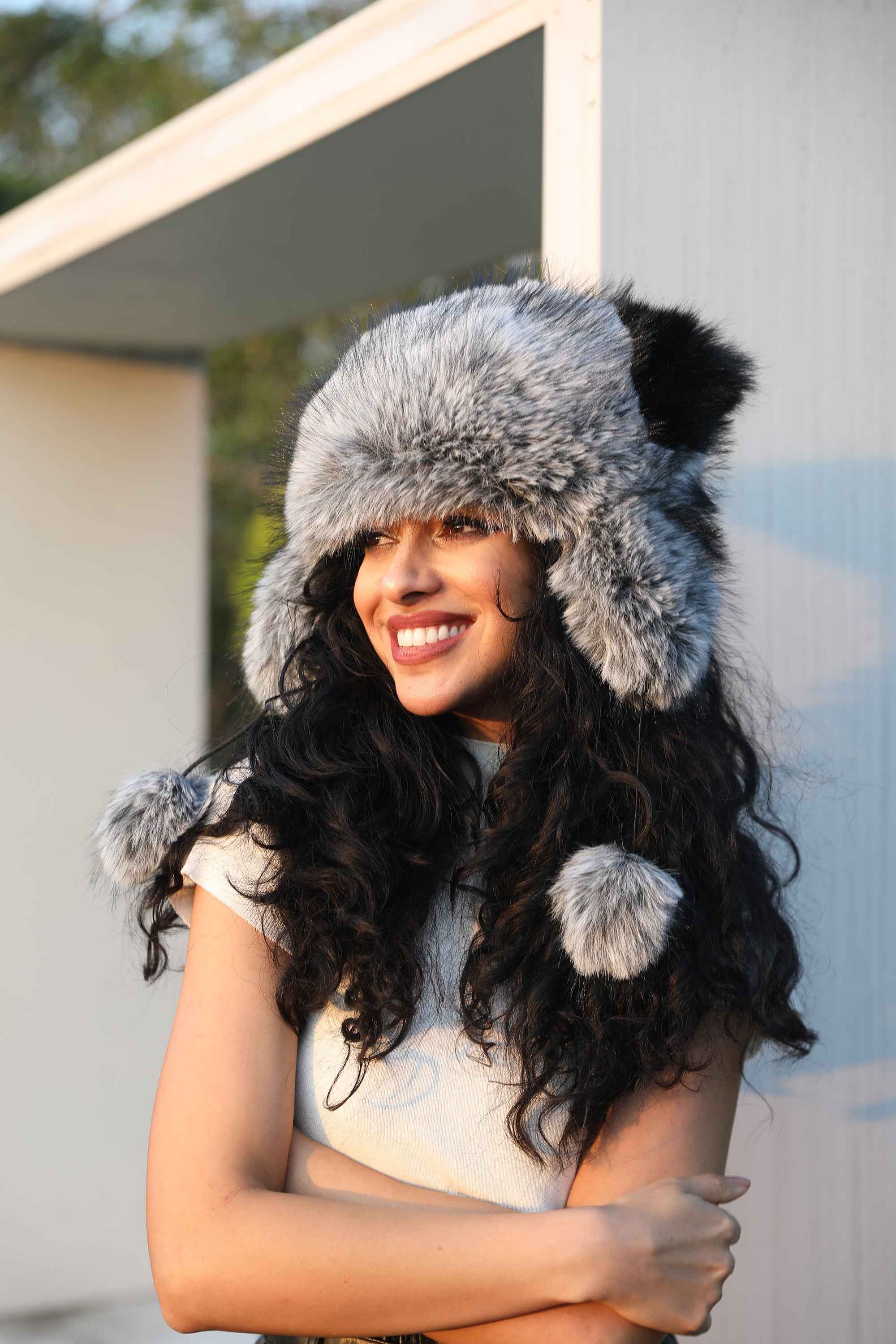 Ladies' Panda Shaped Eco-Friendly Faux Fur Hat With Two Fur Pom Poms