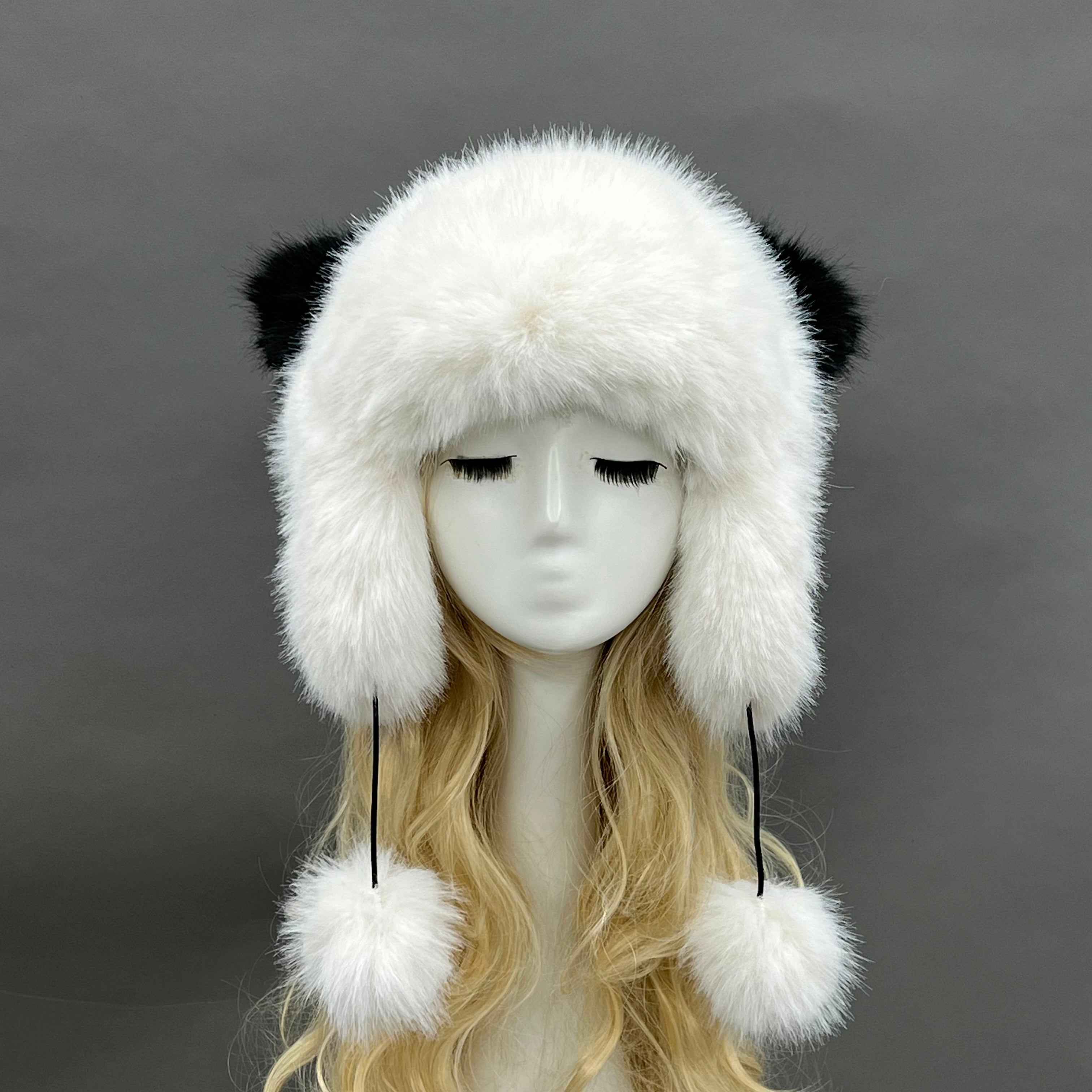 Ladies' Panda Shaped Eco-Friendly Faux Fur Hat With Two Fur Pom Poms #2 White Adult
