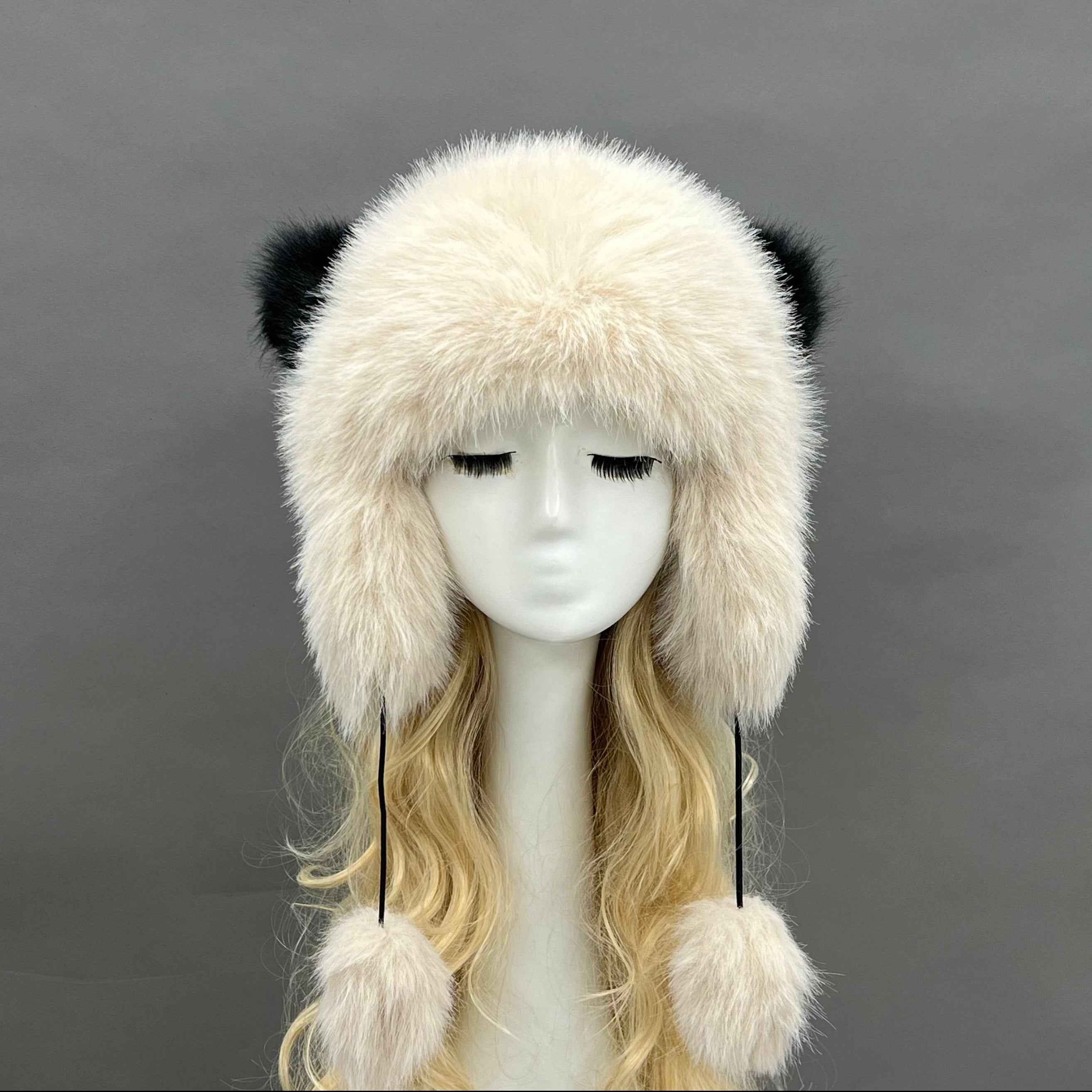Ladies' Panda Shaped Eco-Friendly Faux Fur Hat With Two Fur Pom Poms #3 Beige Adult