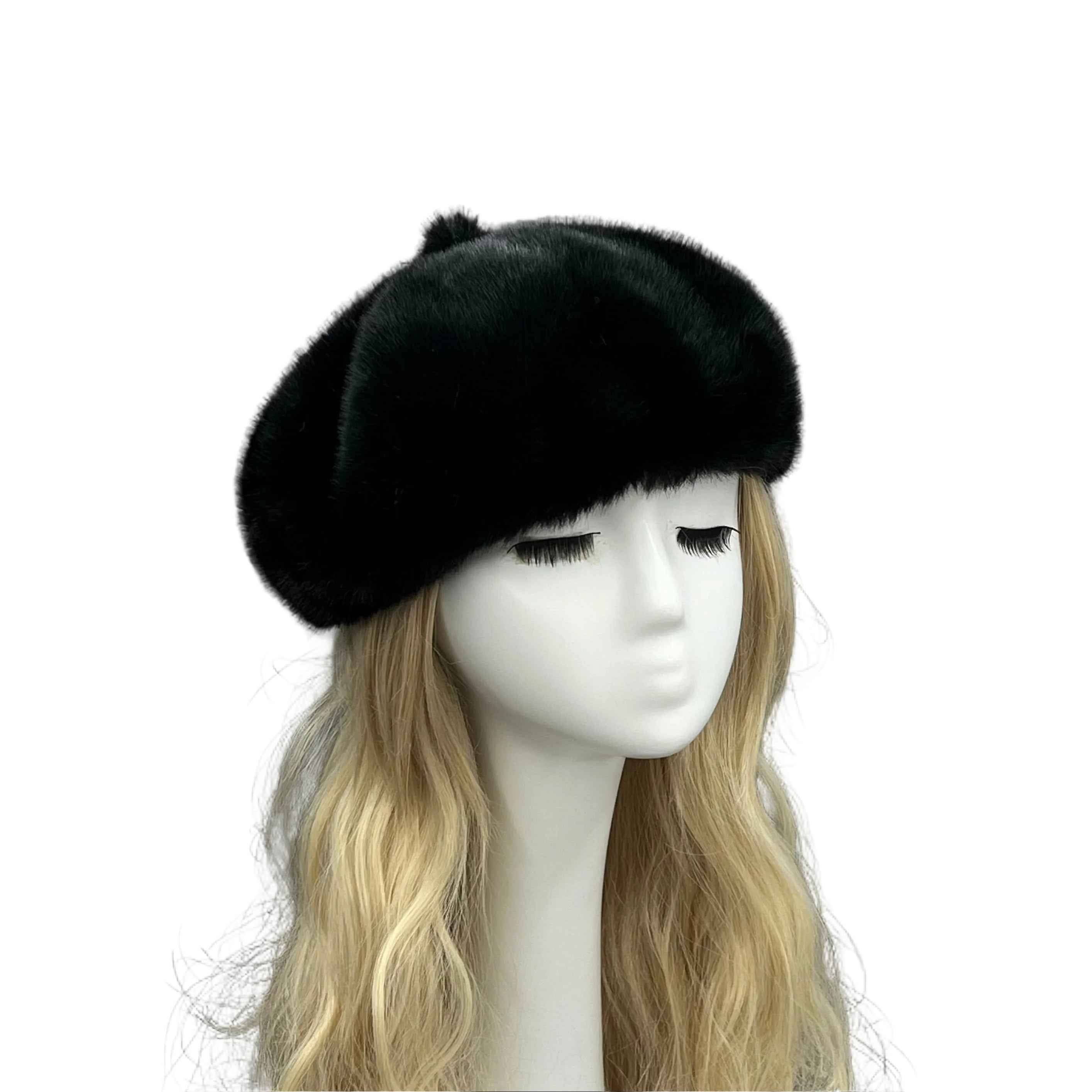 Janefur New Arrival Women's Fashionable High-End Fluffy Faux Fur Pumpkin Hat #1 Black Adult
