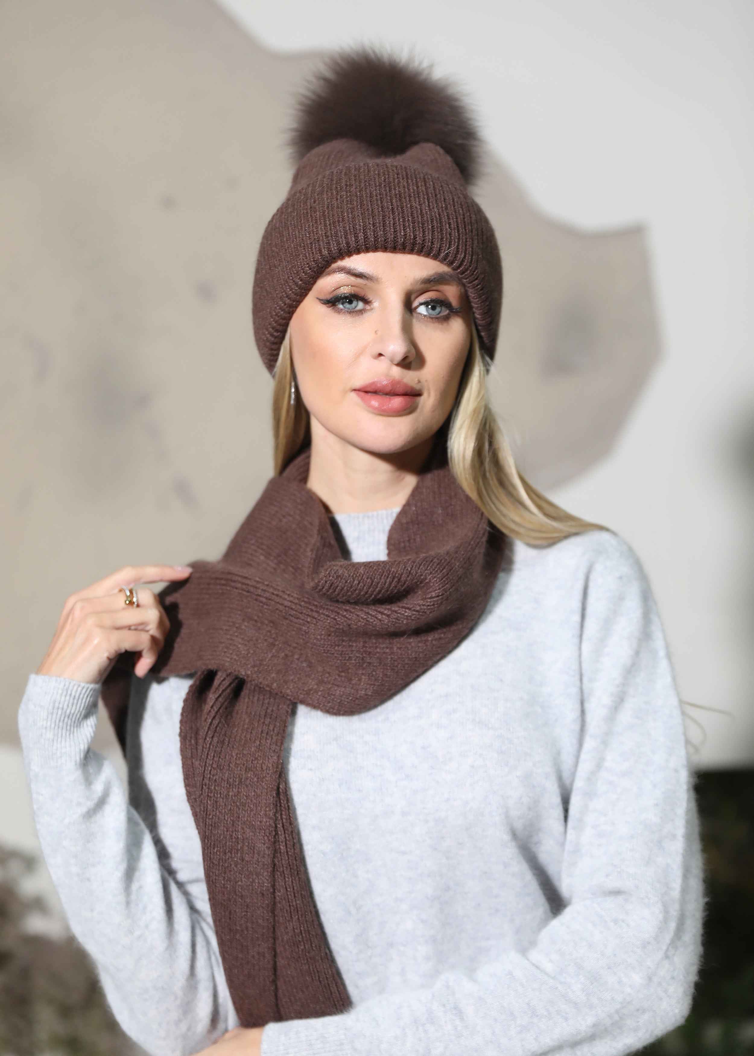 Daily Durable Women's Angora Beanie Hat & Scarf Two Piece Set #1 Brown Adult