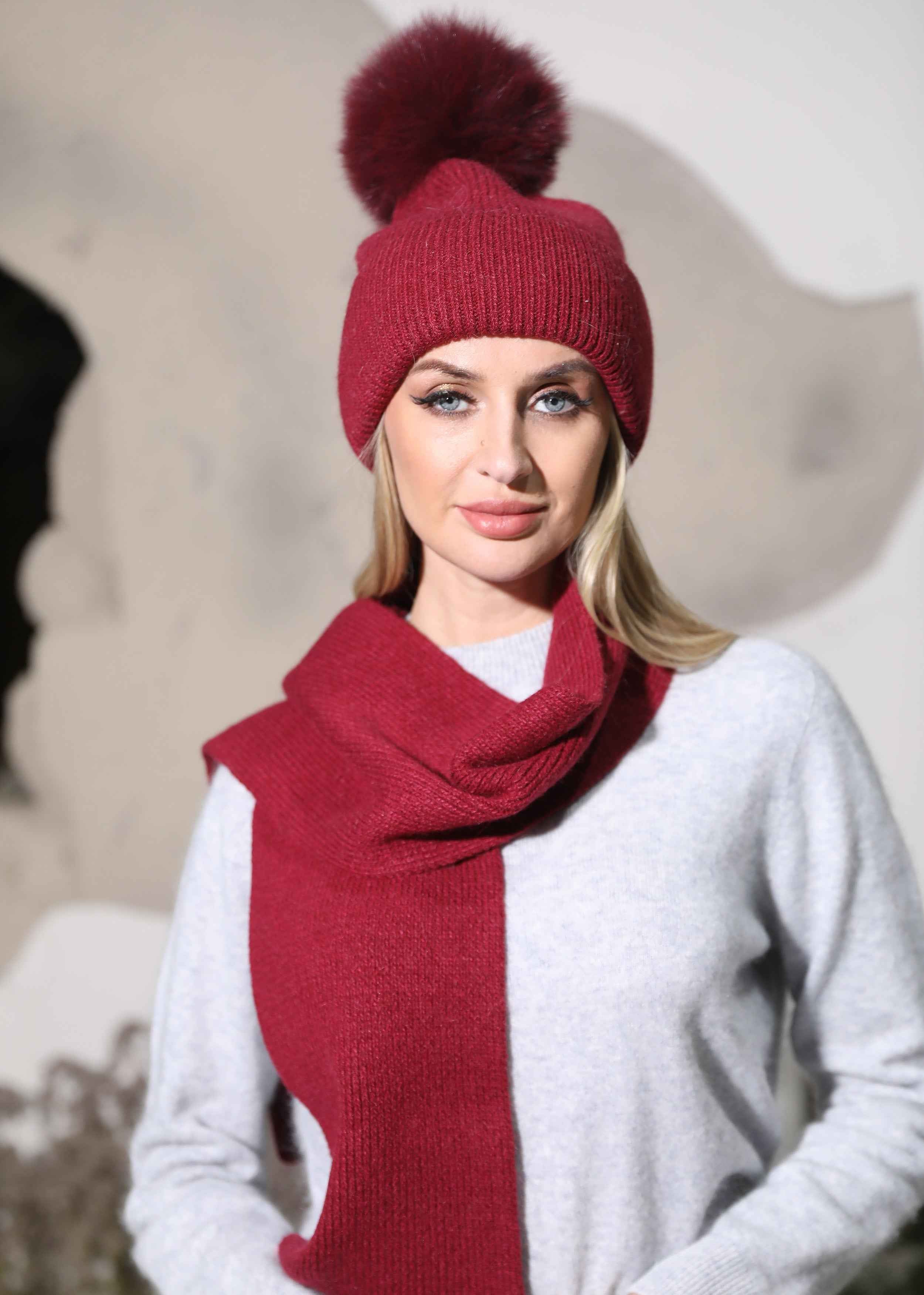 Daily Durable Women's Angora Beanie Hat & Scarf Two Piece Set #2 Wine Adult
