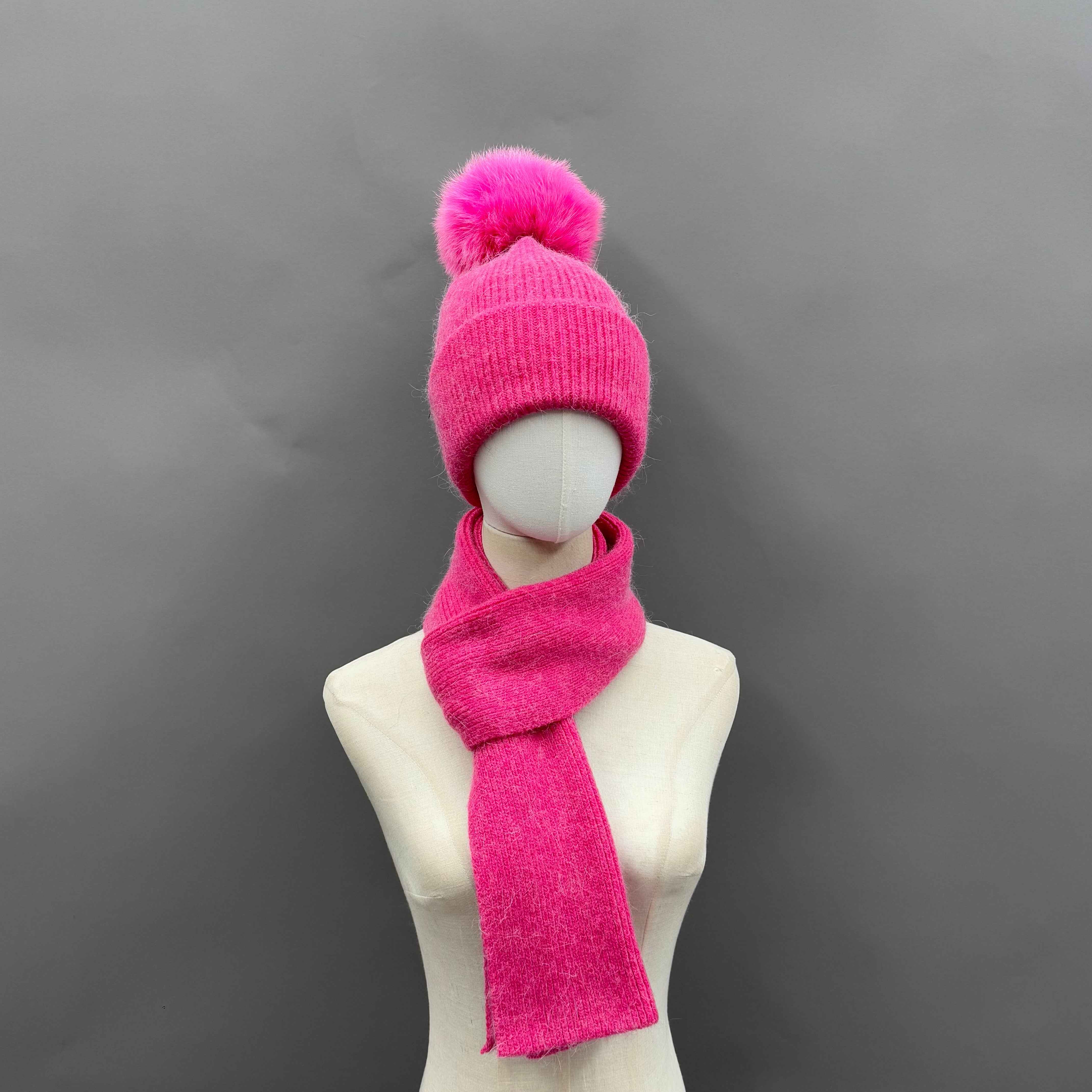 Daily Durable Women's Angora Beanie Hat & Scarf Two Piece Set #4 Hot Pink Adult
