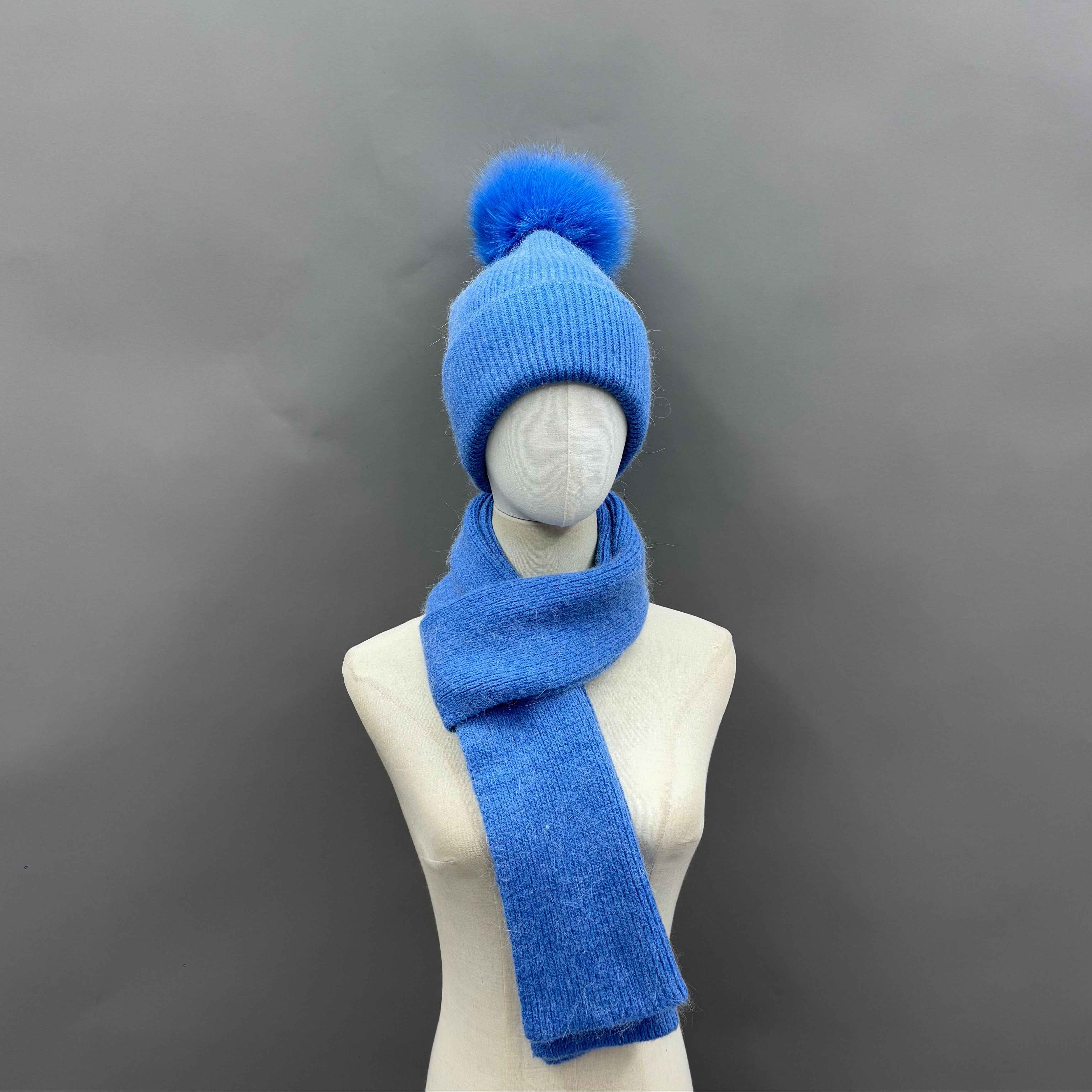 Daily Durable Women's Angora Beanie Hat & Scarf Two Piece Set #5 Blue Adult