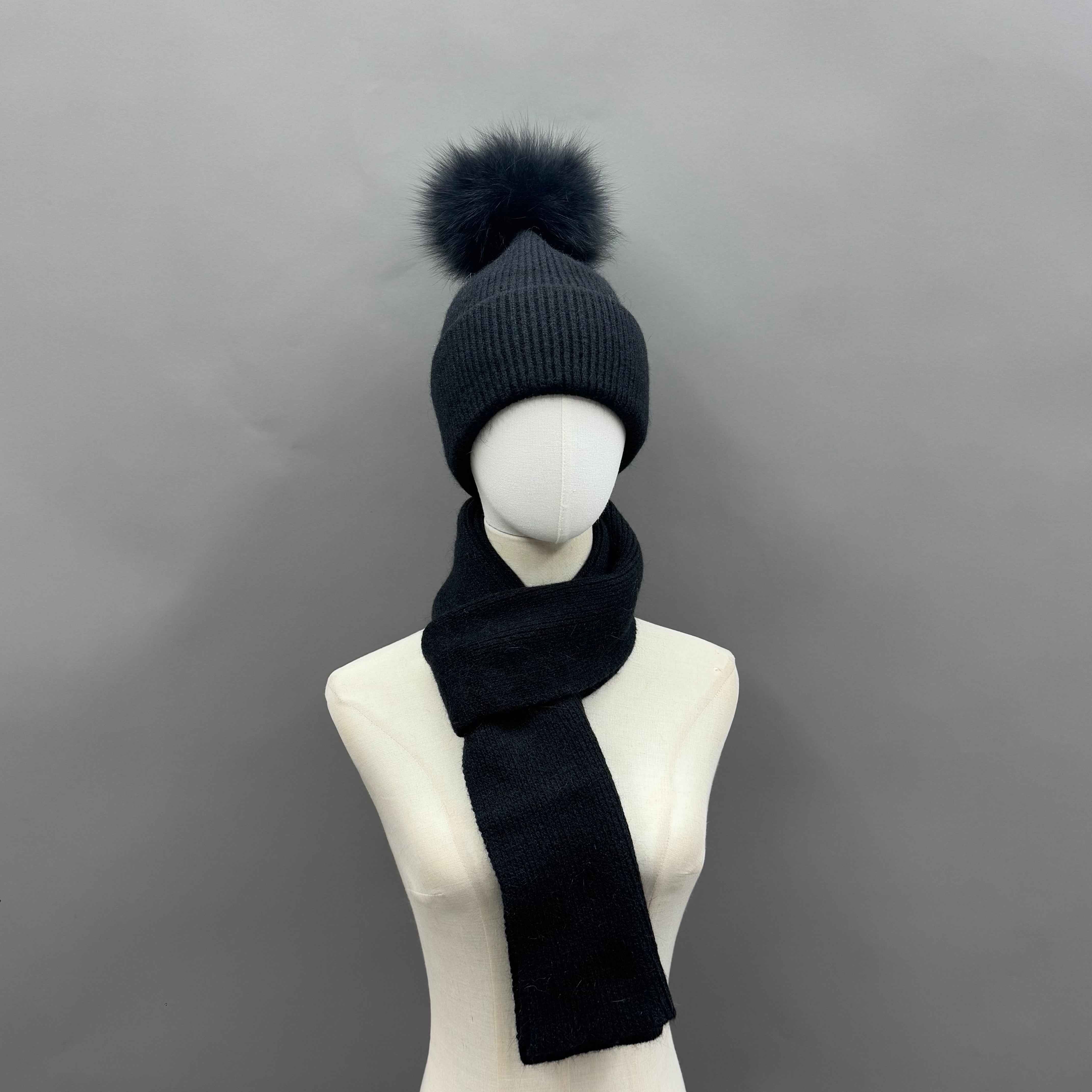 Daily Durable Women's Angora Beanie Hat & Scarf Two Piece Set #6 Black Adult