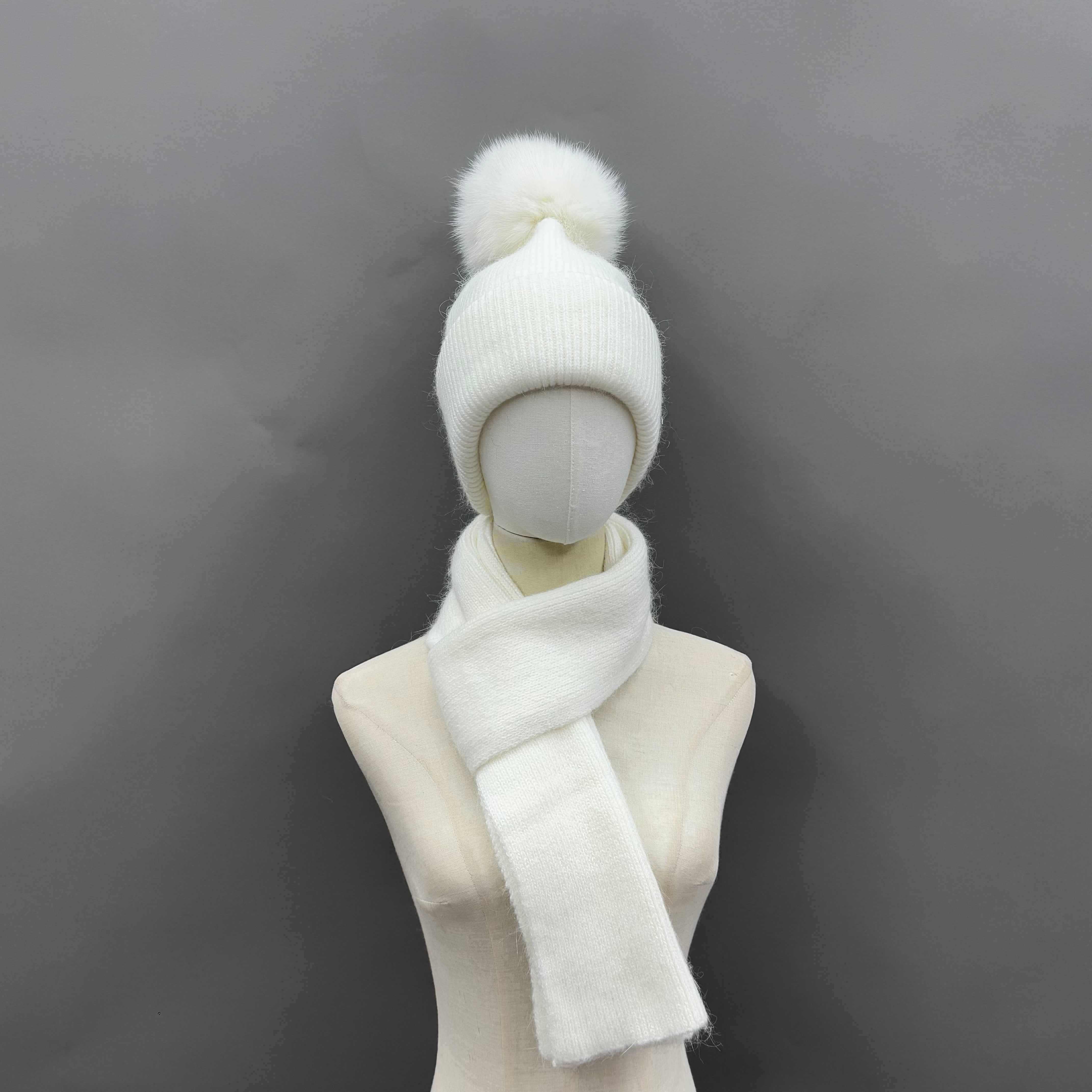 Daily Durable Women's Angora Beanie Hat & Scarf Two Piece Set #7 White Adult