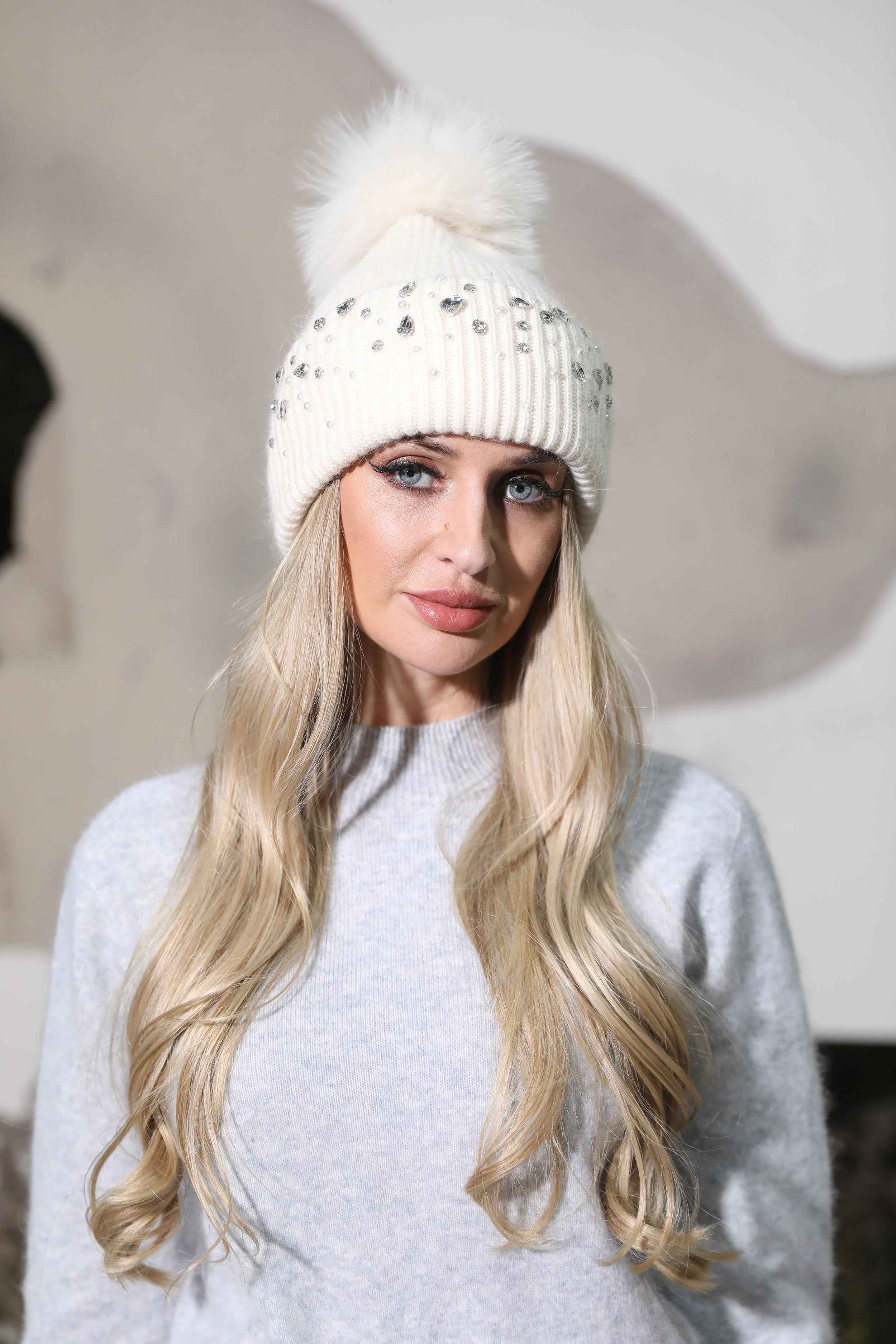 Essential Ladies' Small Diamonds Decoration Fine Stripe Angora Beanie Hat For Autumn & Winter #1 White Adult