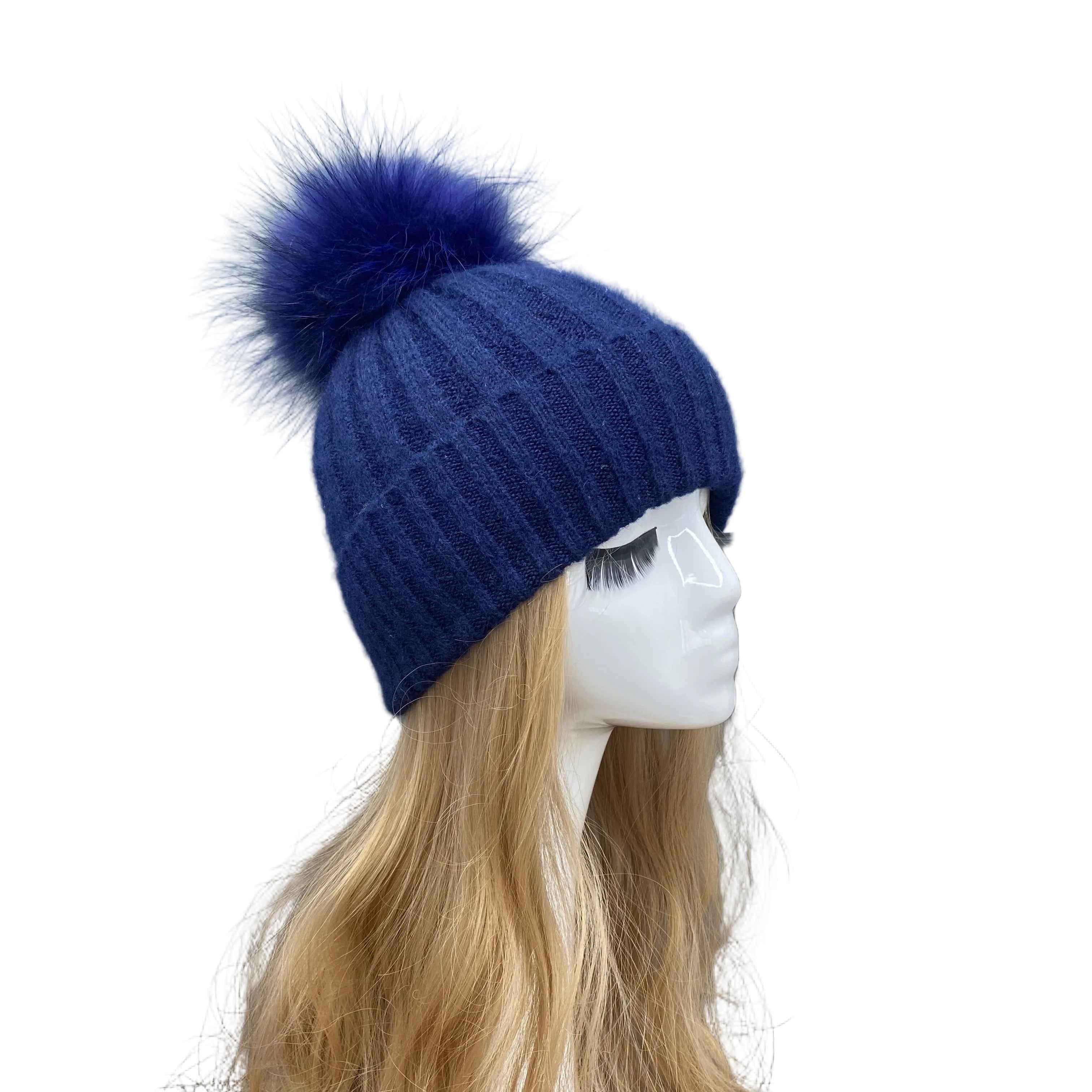 Ladies' High-Quality Striped Knitted Hat With Real Raccoon Fur Pom Pom #1 Navy Adult