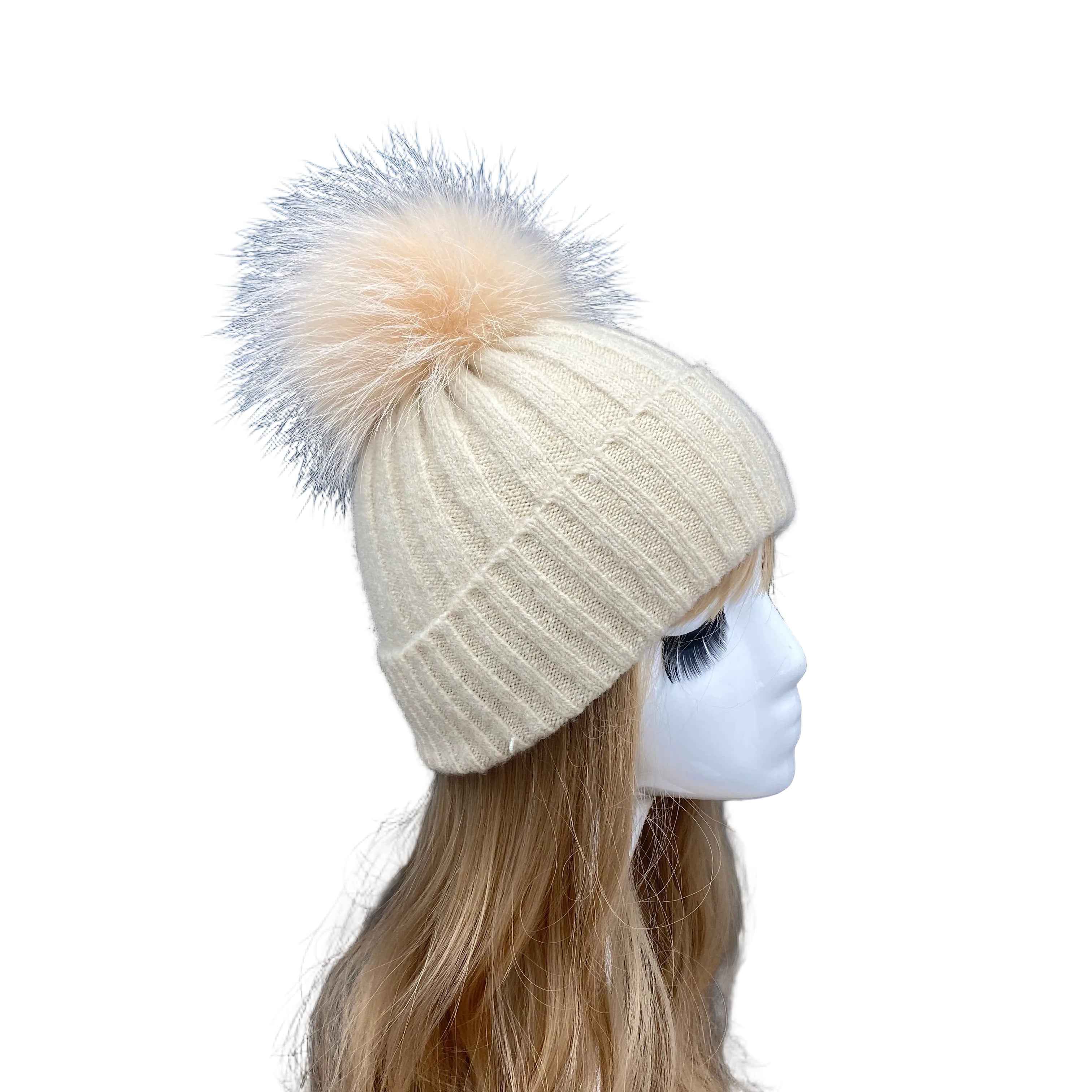 Ladies' High-Quality Striped Knitted Hat With Real Raccoon Fur Pom Pom #2 Beige Adult