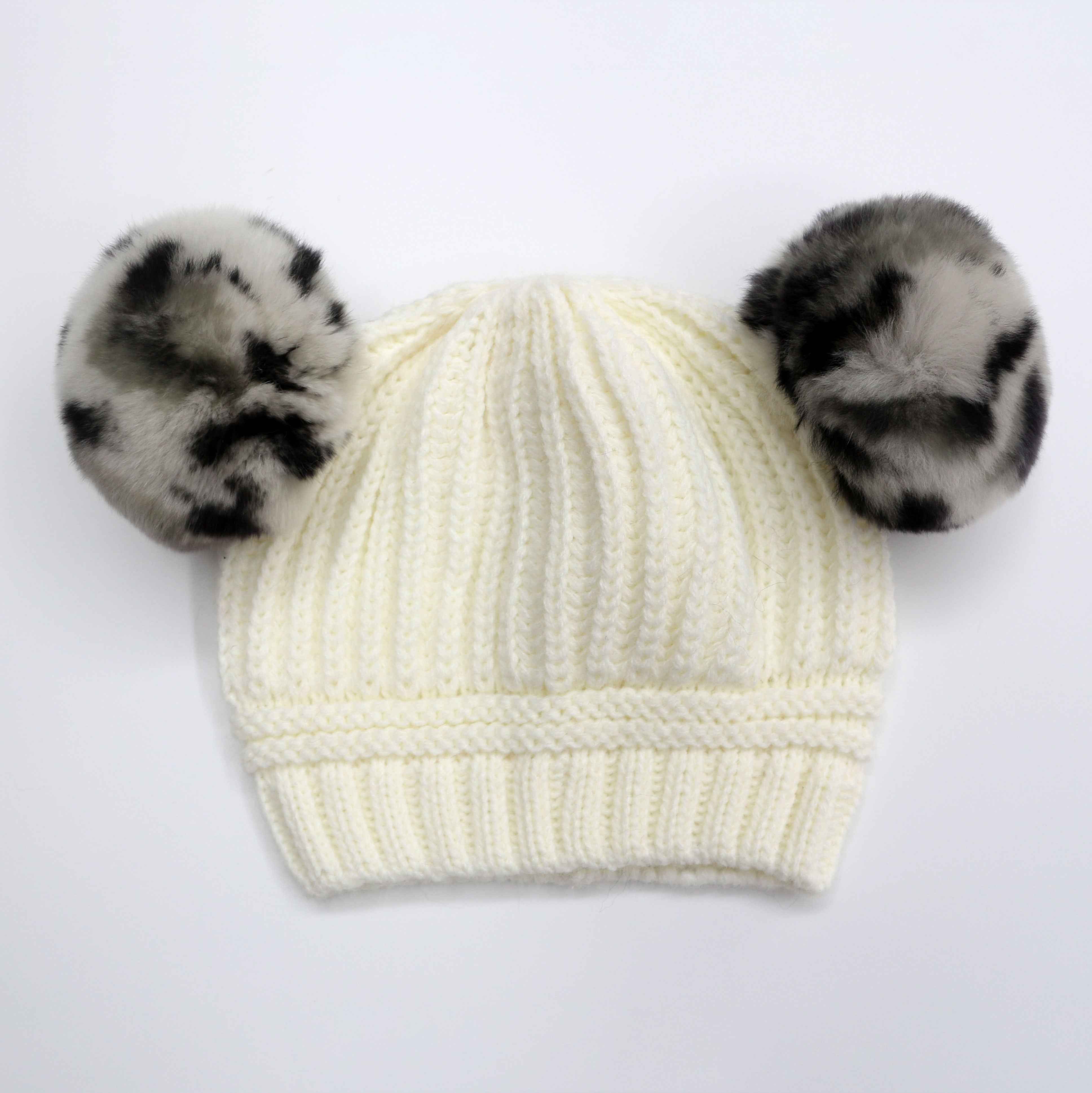 Cute Children's Acrylic Knitted Hat With Double Real Rabbit Fur Pom Poms #1 White Child