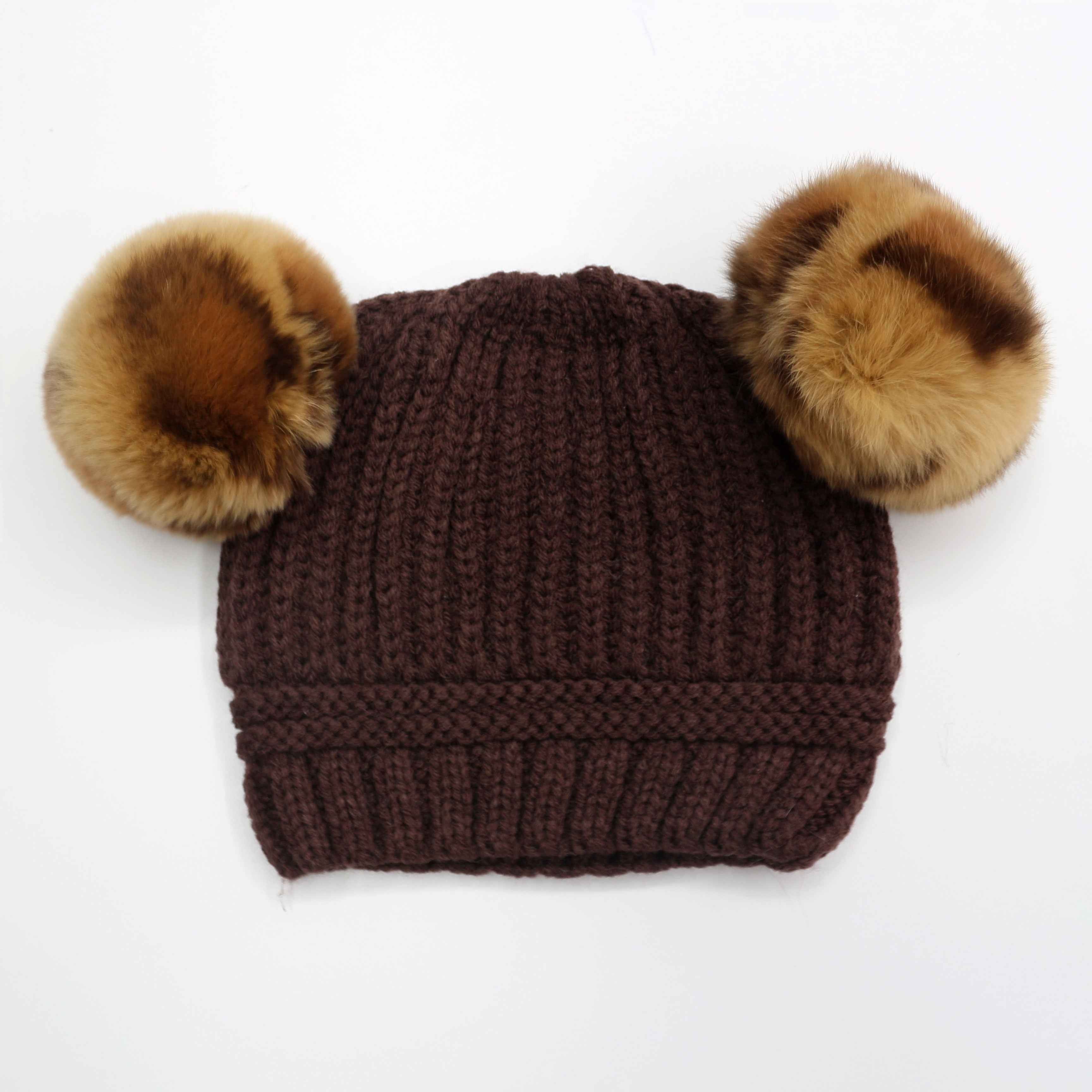 Cute Children's Acrylic Knitted Hat With Double Real Rabbit Fur Pom Poms #2 Brown Child