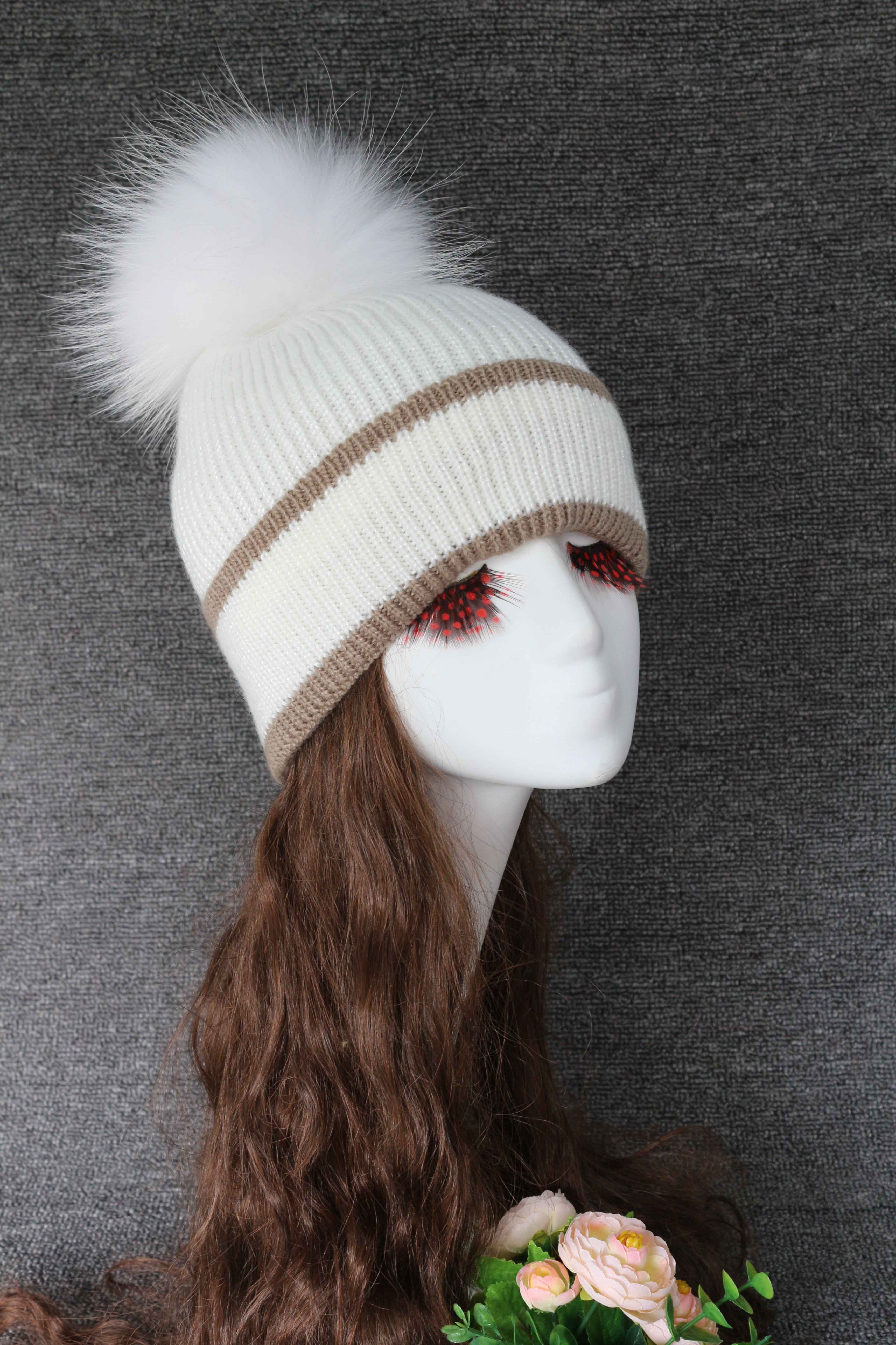 Ladies' Casual Warm Acrylic Beanie Hat With Real Raccoon Fur Pom Pom #1 White Adult