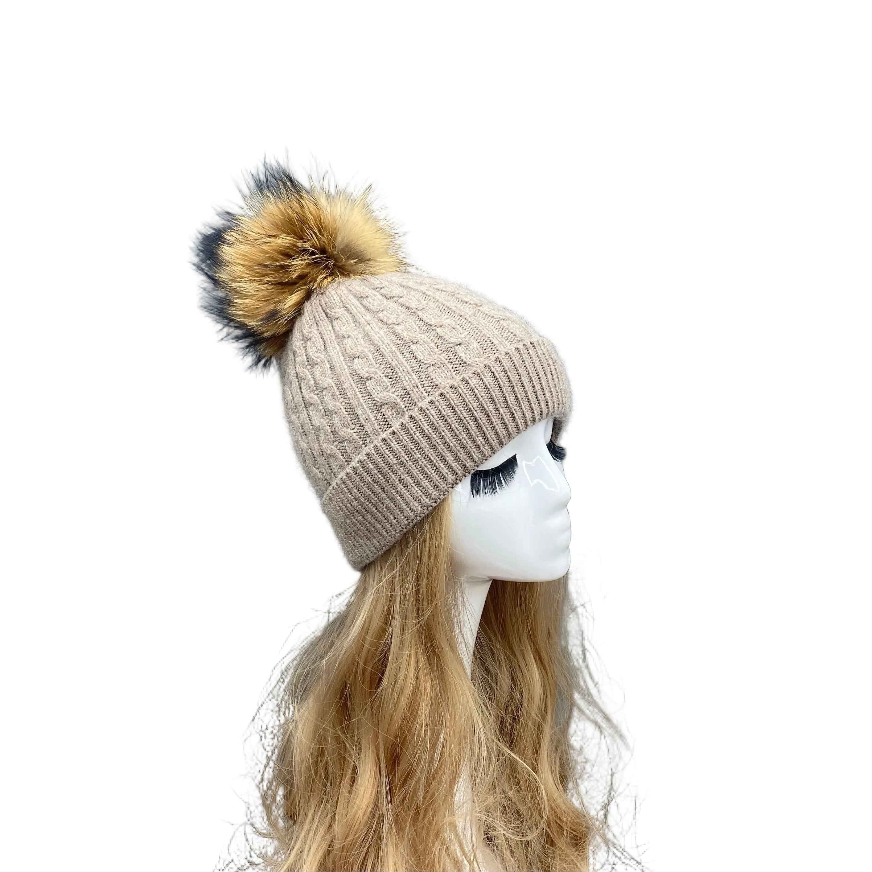 Classic Versatile Ladies' Stripe Fried Dough Twists Angora Beanie Hat #1 Light Khaki Adult