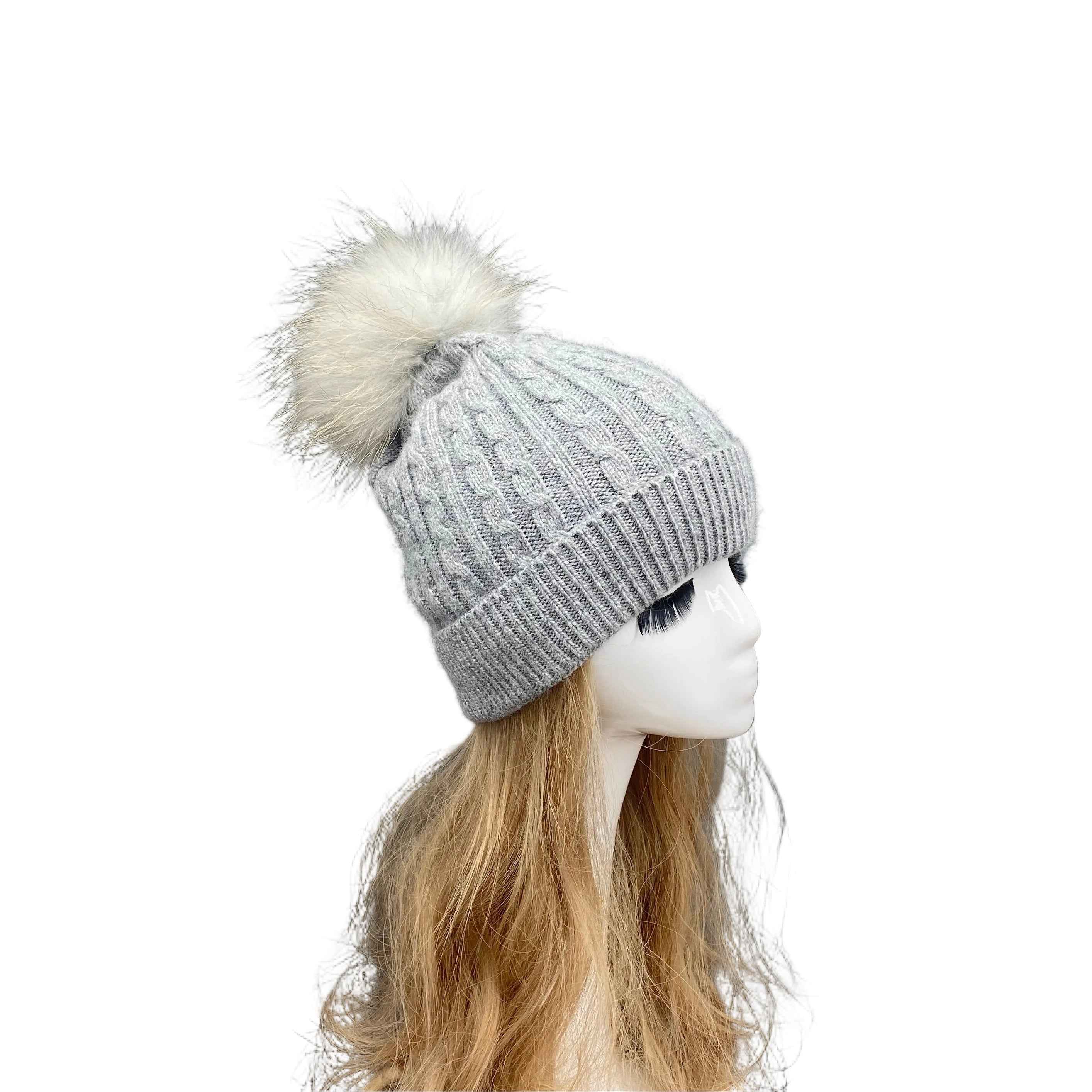 Classic Versatile Ladies' Stripe Fried Dough Twists Angora Beanie Hat #2 Light Gray Adult