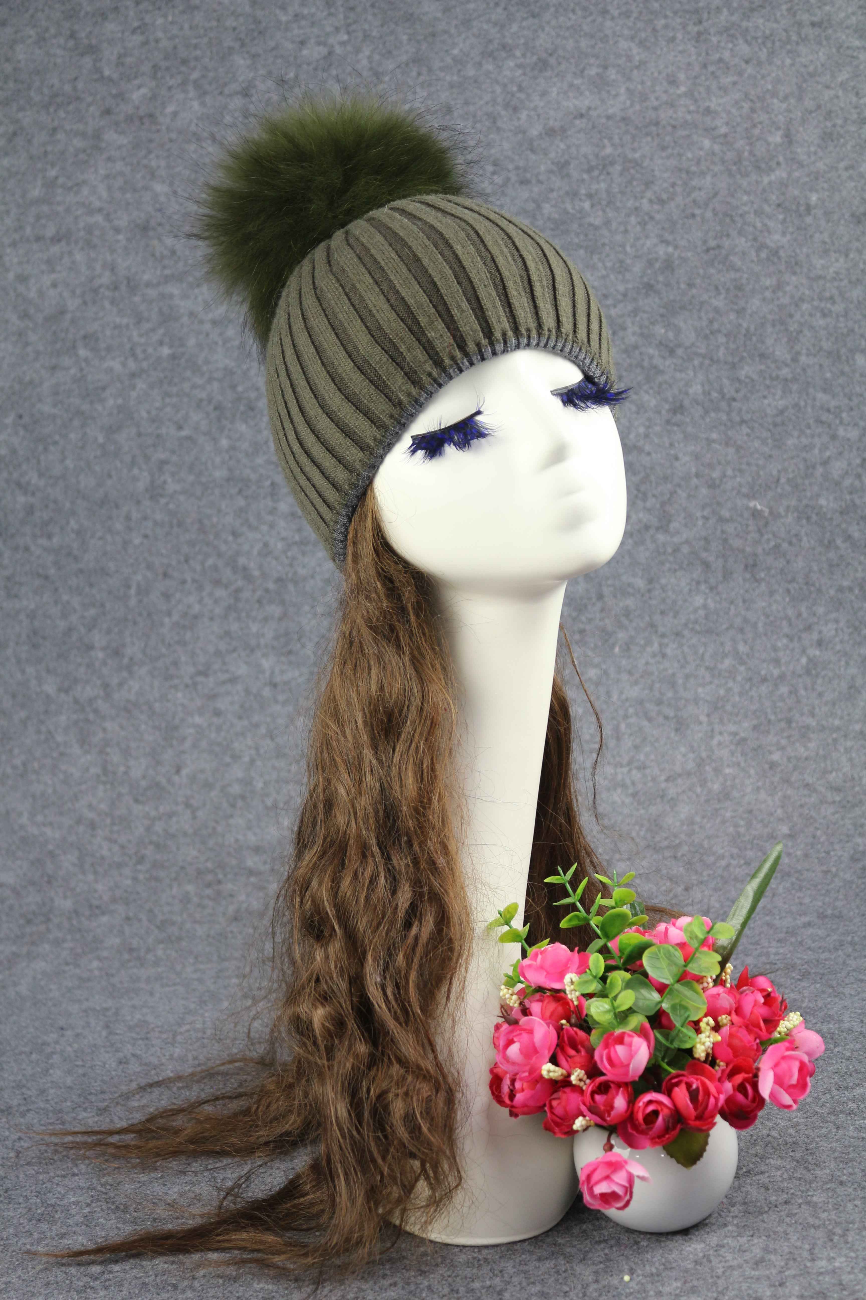 Simple Fashion Women's Hem Wrapped Angora Beanie Hat With Real Raccoon Fur Pom Pom #2 Dark Green Adult