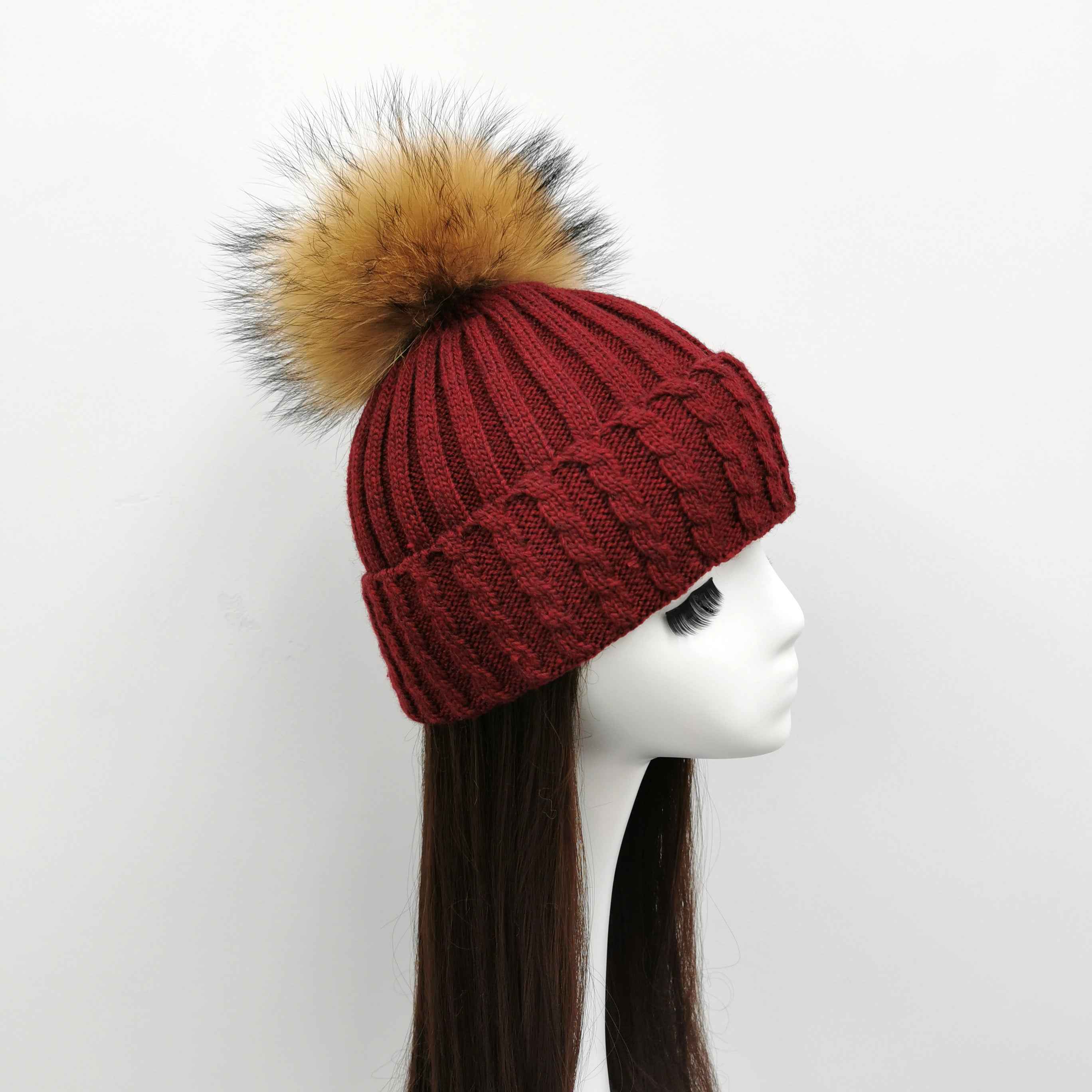 Ladies' Elegant Versatile Wool Acrylic Flanging Fried Dough Twists Beanie Hat #1 Wine Adult