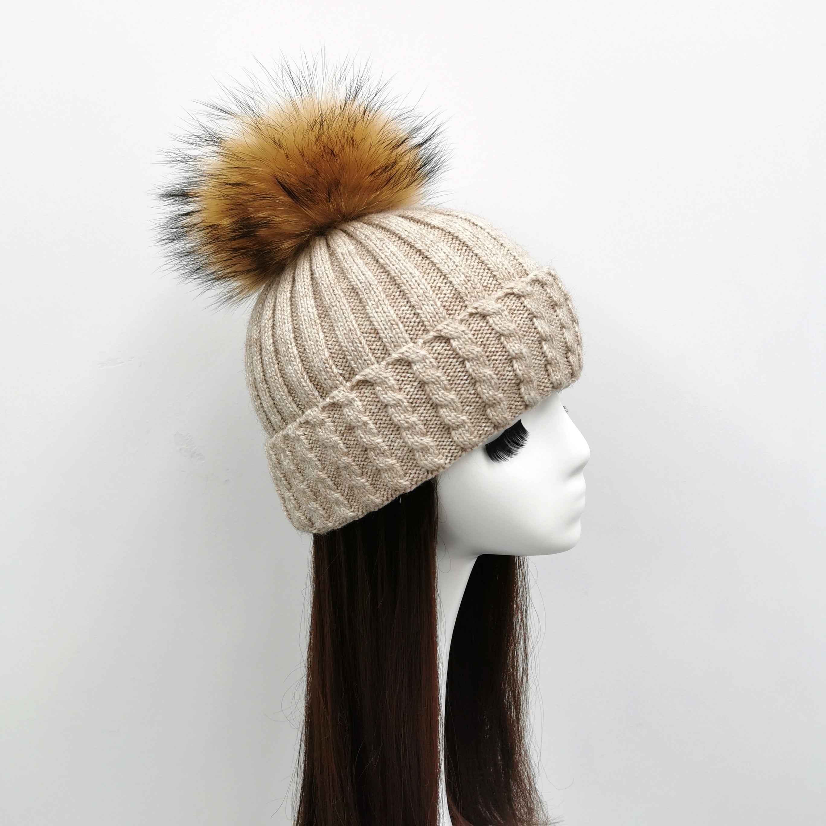 Ladies' Elegant Versatile Wool Acrylic Flanging Fried Dough Twists Beanie Hat #2 Beige Adult