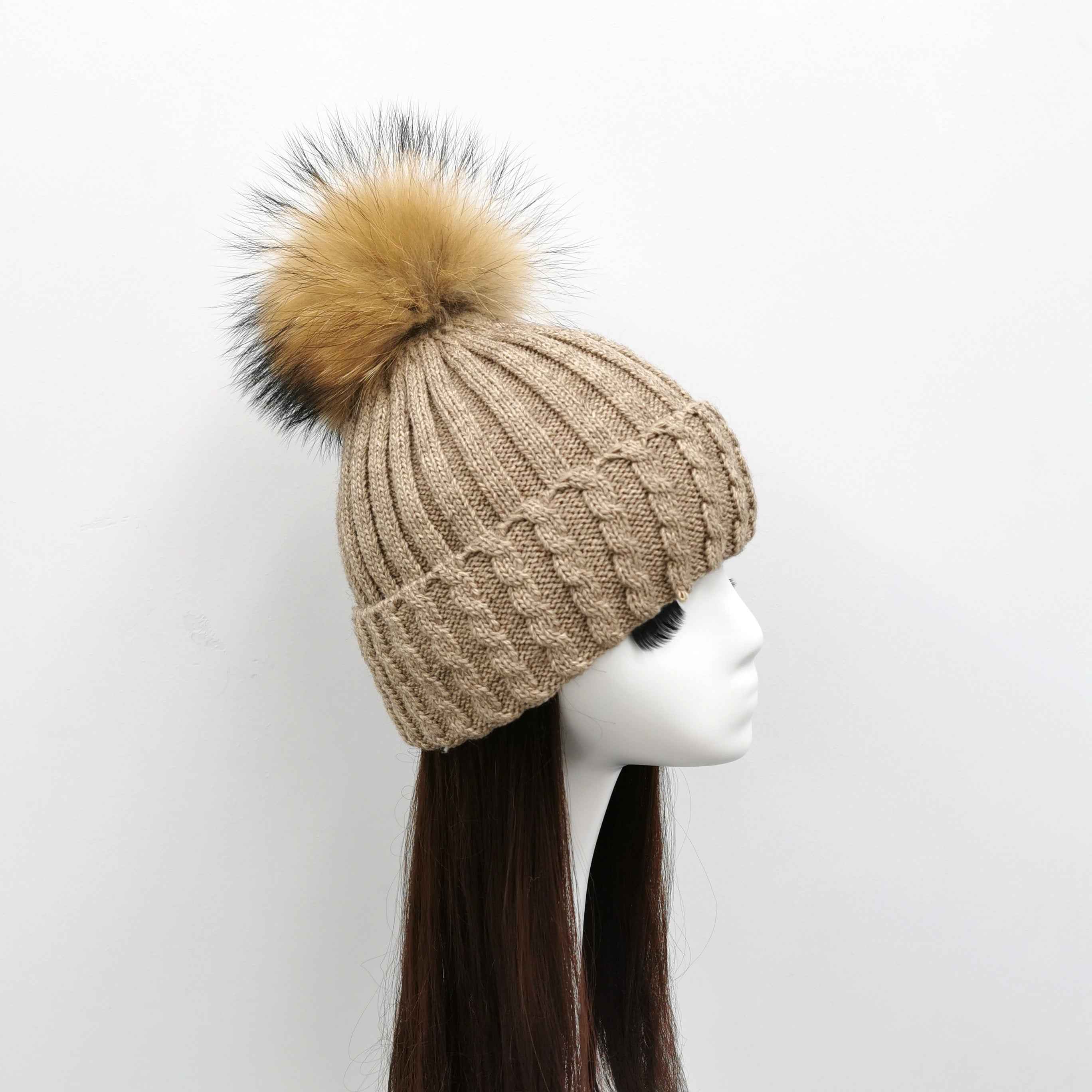 Ladies' Elegant Versatile Wool Acrylic Flanging Fried Dough Twists Beanie Hat #4 Light Khaki Adult