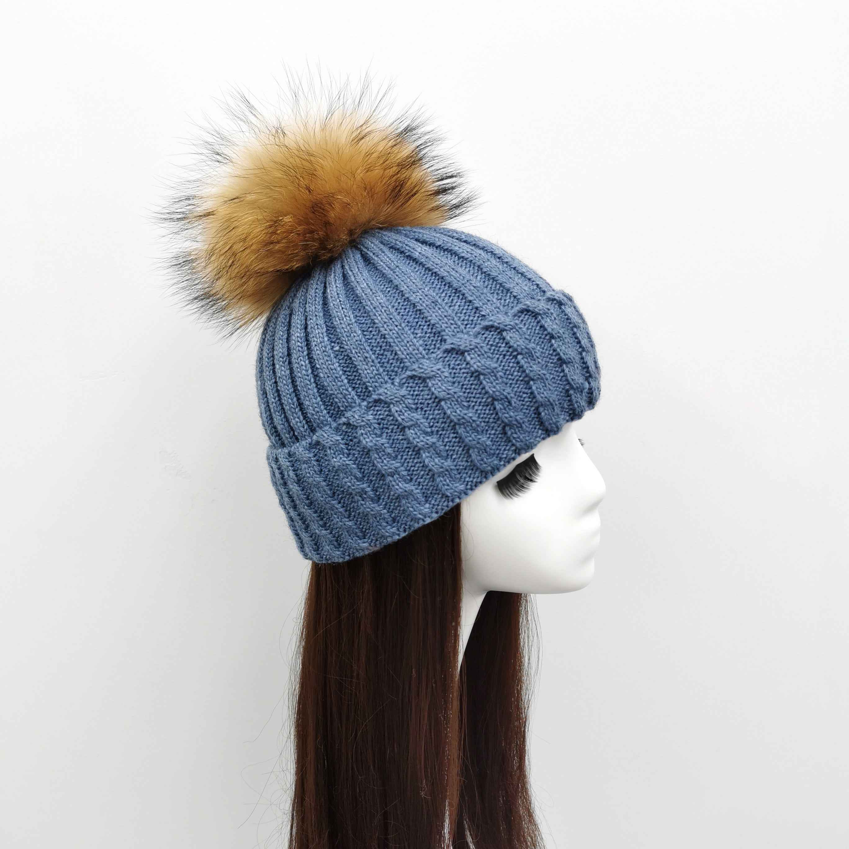 Ladies' Elegant Versatile Wool Acrylic Flanging Fried Dough Twists Beanie Hat #5 Blue Adult