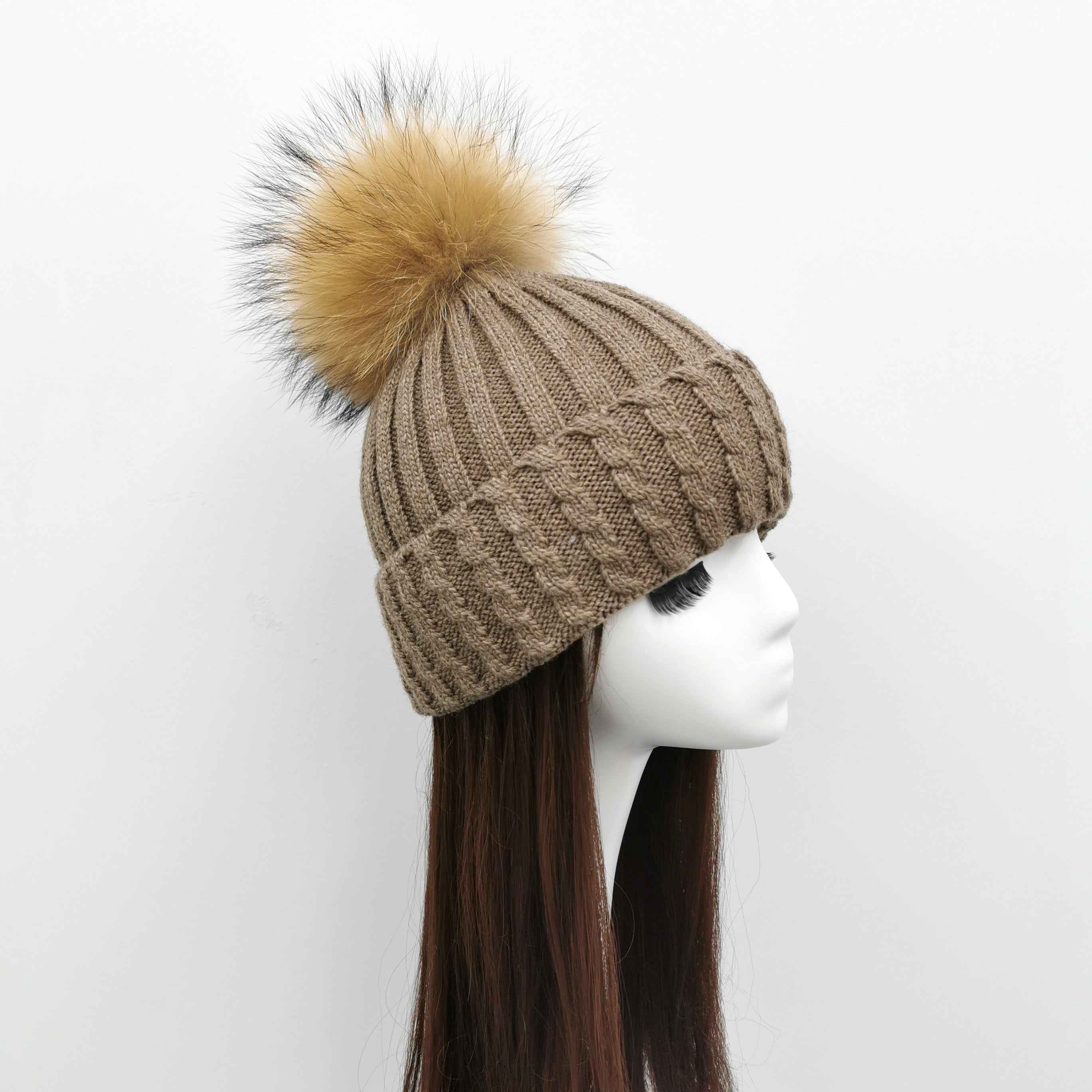 Ladies' Elegant Versatile Wool Acrylic Flanging Fried Dough Twists Beanie Hat #7 Khaki Adult