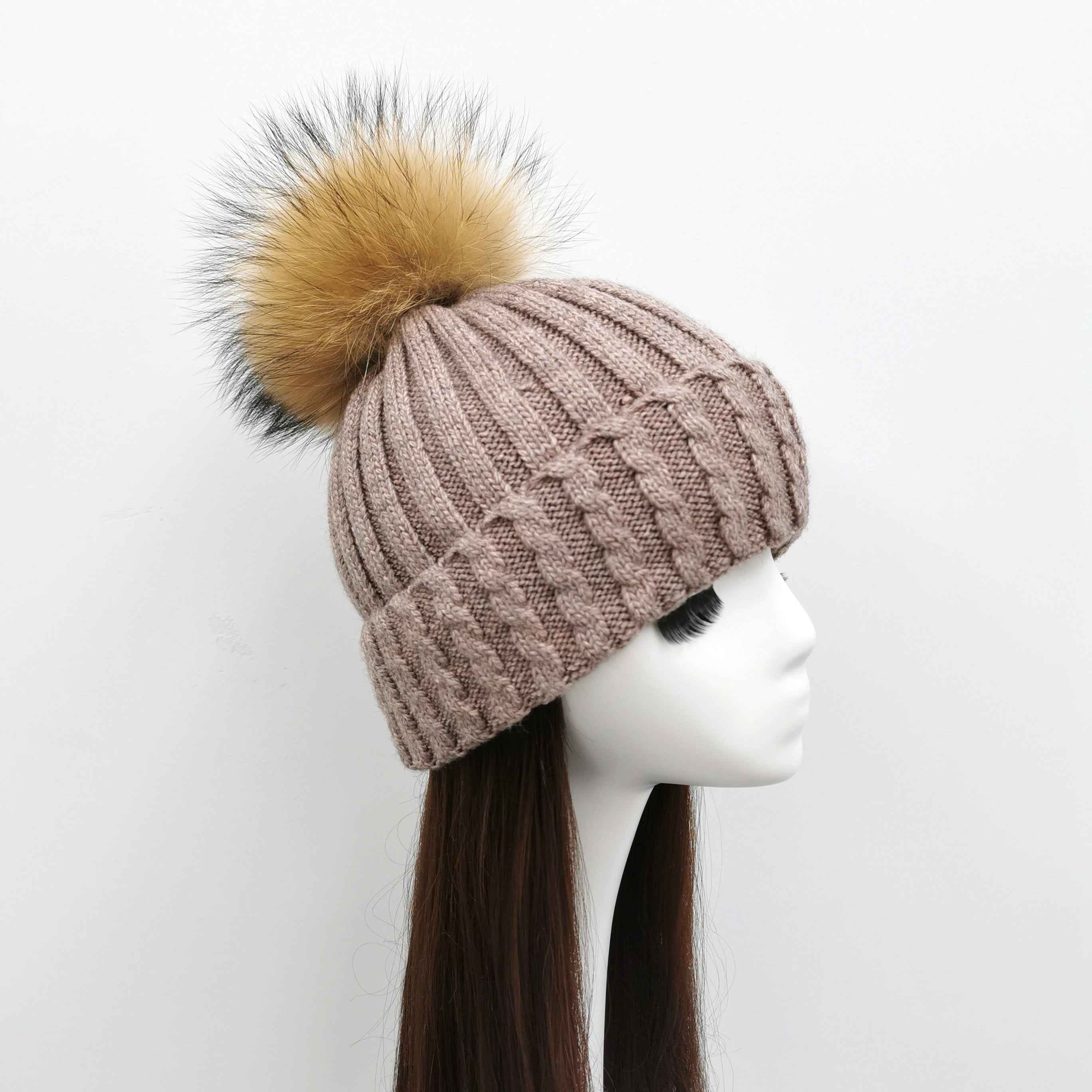 Ladies' Elegant Versatile Wool Acrylic Flanging Fried Dough Twists Beanie Hat #8 Dusty Pink Adult