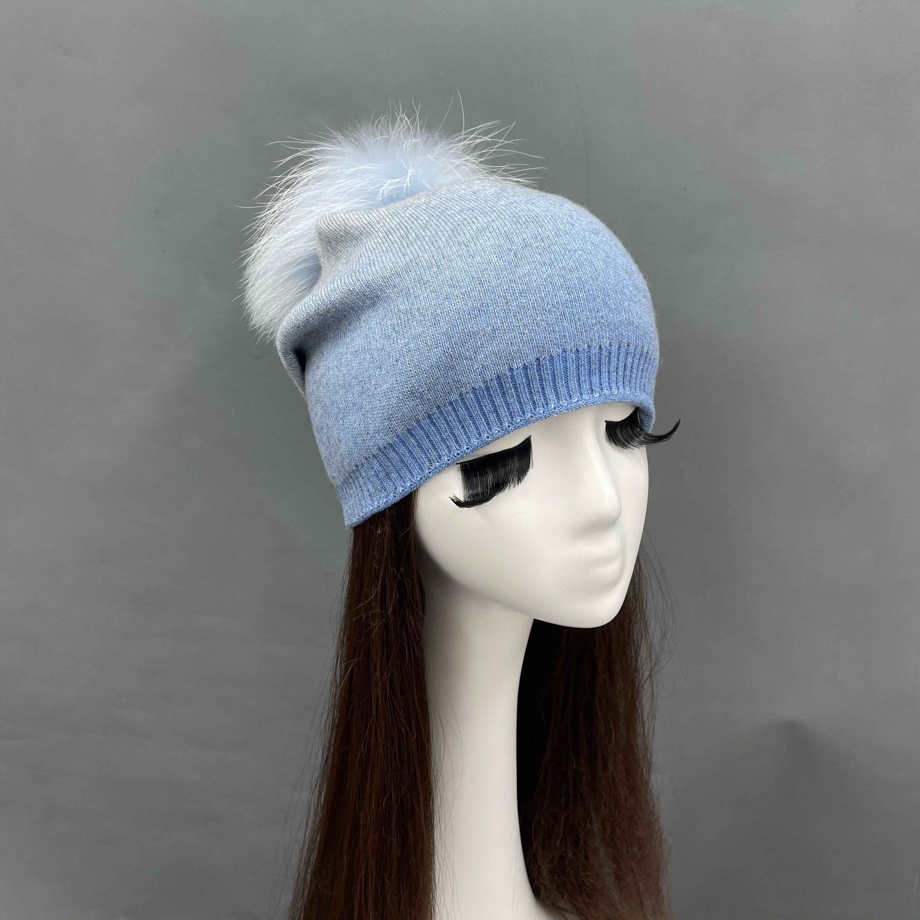 Fashion New Design Women's High-Quality Warm Wool Beanie Hat With Real Raccoon Fur Pom Pom #1 Gradient Blue Adult