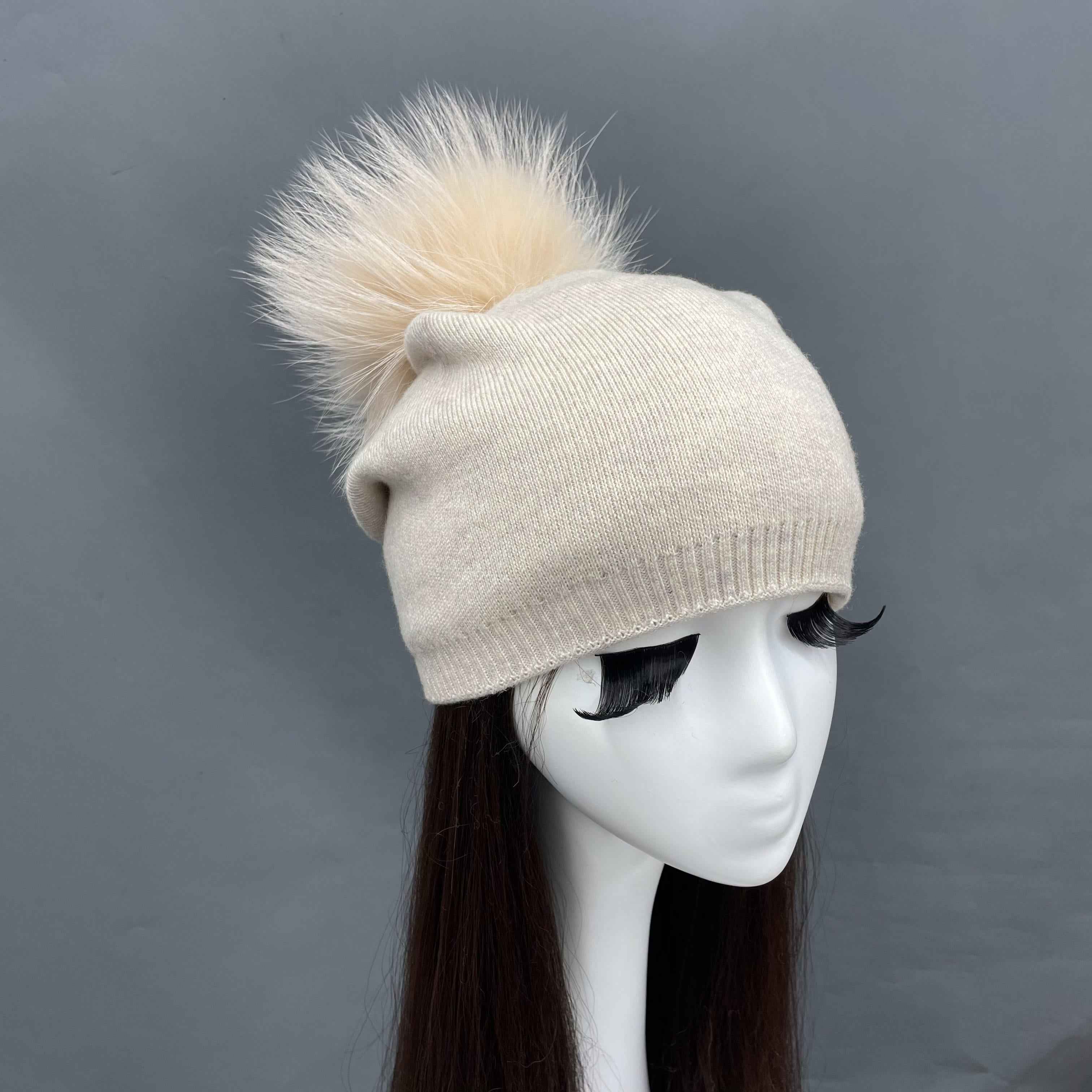 Fashion New Design Women's High-Quality Warm Wool Beanie Hat With Real Raccoon Fur Pom Pom #2 Off-White Adult