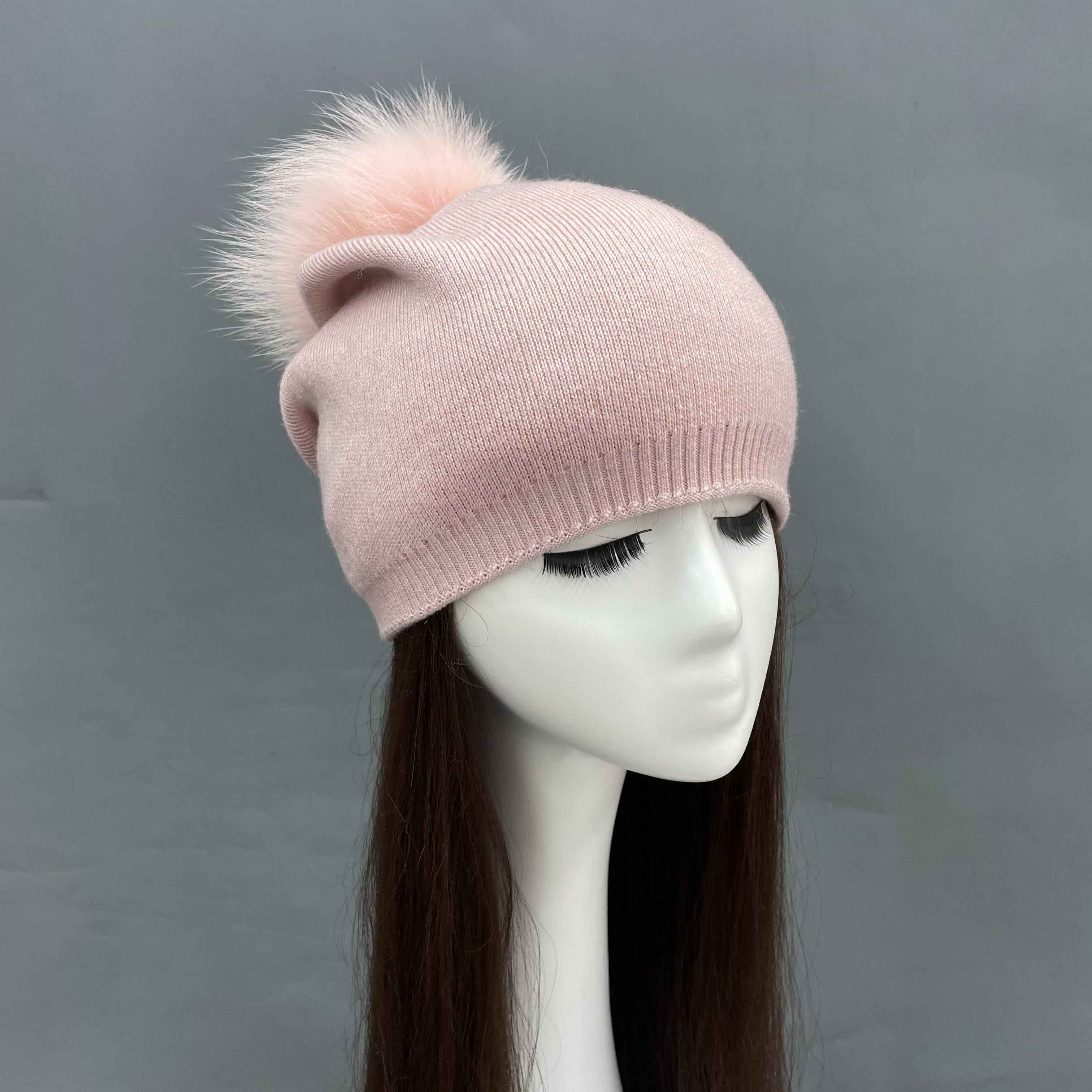 Fashion New Design Women's High-Quality Warm Wool Beanie Hat With Real Raccoon Fur Pom Pom #3 Light Pink Adult
